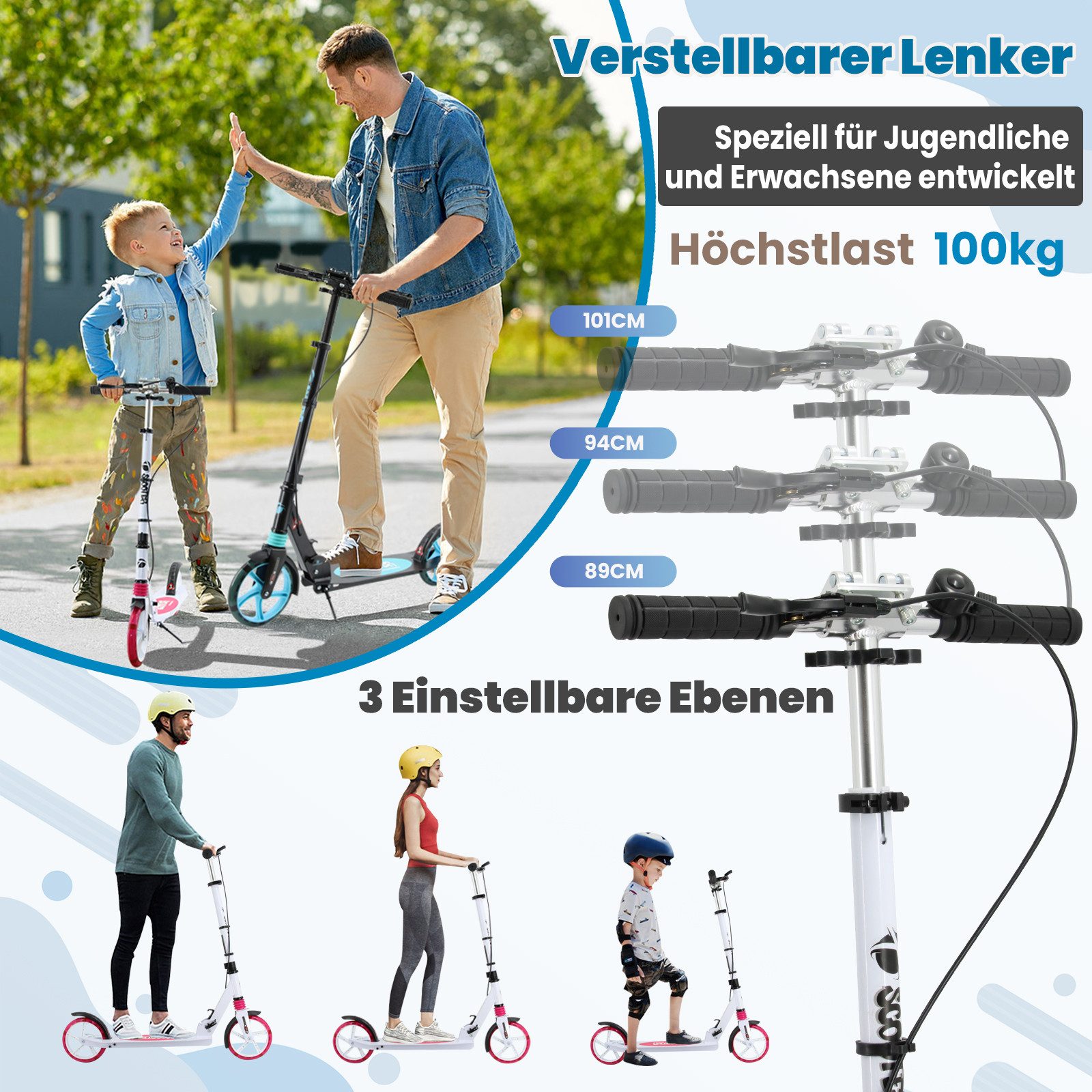 YEE RUN Cityroller für Kinder, Jugendliche und Erwachsene, höhenverstellbar und faltbar.