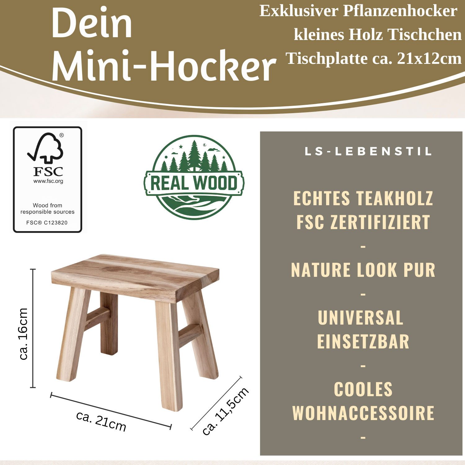 LS-LebenStil Blumenständer Pflanzenhocker Teak Holz Rechteckig Niedriger Blumenständer Hocker (Design Deko Hocker Teak Holz 21x16cm Mini Tisch rustikales Tischchen, 1 St., Braun 4 Füße kleiner Pflanzenständer Pflanzentisch Holzhocker Deko)