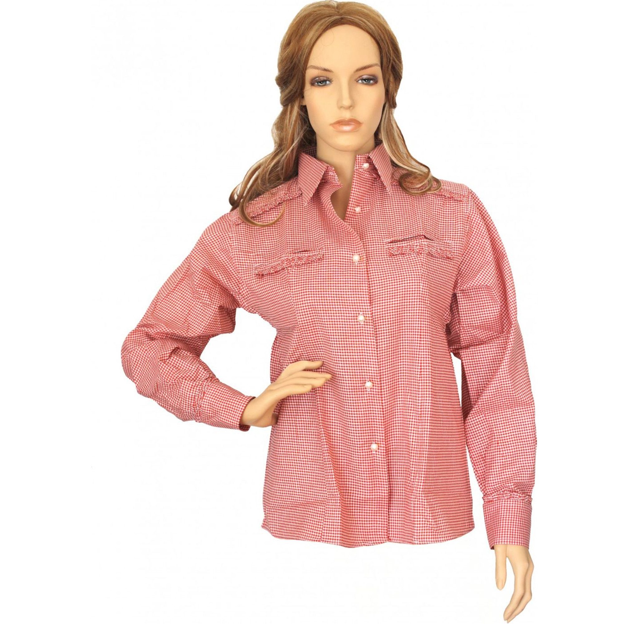 German Wear Trachtenbluse GW1521 Bayerische Langarm Trachtenbluse in 5 Farben – Rüschen & Perlenknopf