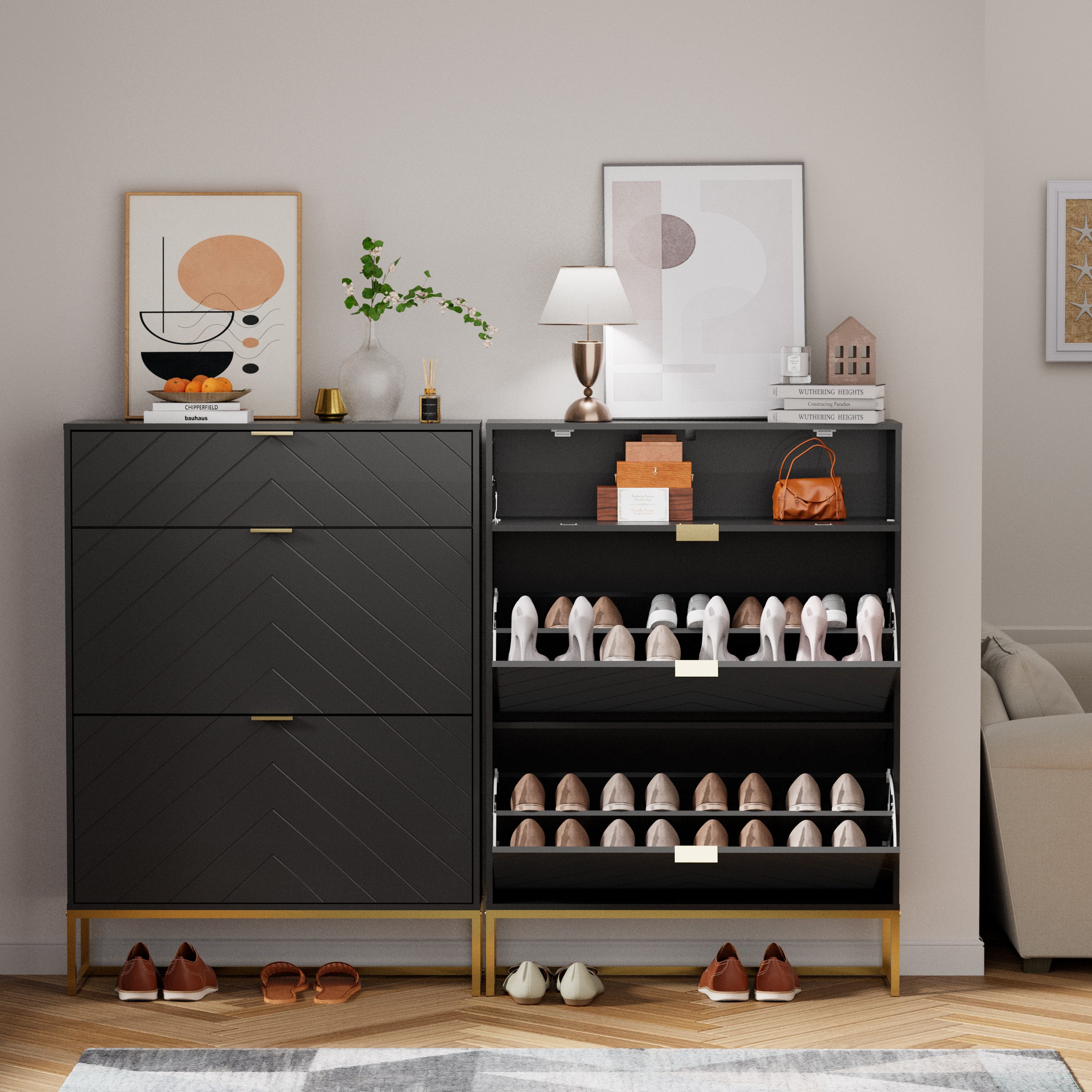UEV Schuhschrank mit 3 Klappen schmal Schuhablage (Modern Schuhkommode im Flur Diele,80x24x122cm) Platzsparend, mit Kippschutz/Trennwand verstellbar