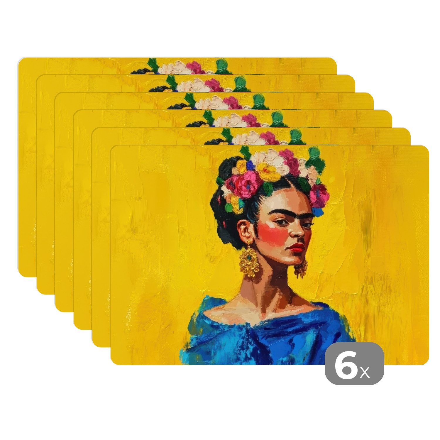 MuchoWow Platzset Frida Kahlo - Frau - Gelb - Blau - Blumen, (6-St), Platzs günstig online kaufen