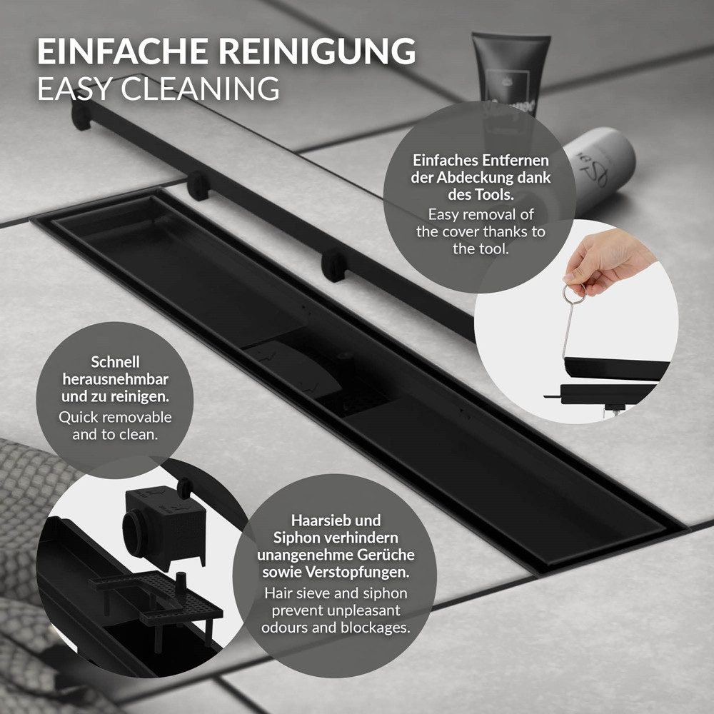 LuxeBath Duschrinne Edelstahl Doppelseitige Bodenablauf 2in1, Komplettset Bodenbefestigung, Duschablauf, Siphon mit Geruchsstop, Haarsieb, Ablaufrinne Dusche – Bild 5 von 5