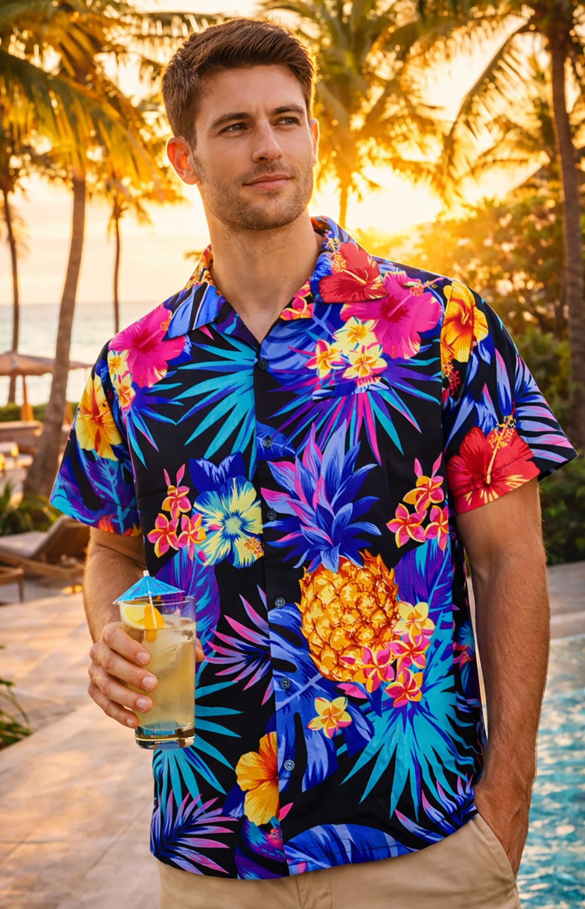 King Kameha Hawaiihemd "Pineapple" Funky Hawaii-Hemd Herren Kurzarm Front-Tasche Stylish