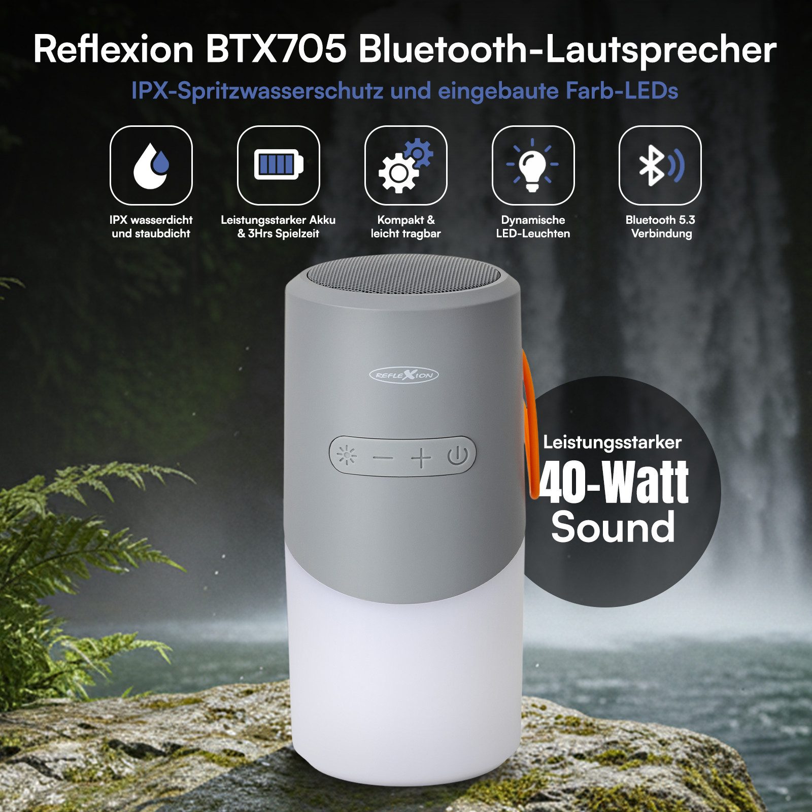 Reflexion BTX705 Camping Lampe, Nachtlicht, Outdoor Bluetooth-Lautsprecher (Bluetooth, 40 W, Ultra kompakt, IPX5 Spritzwassergeschützt, LED-Effekte, MicroSD Slot)