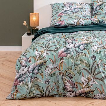 Bettwäsche Melania 7910 140 Aquamarin, Estella, Mako-Satin, 3 teilig, Tropisch, Exotisch, Floral