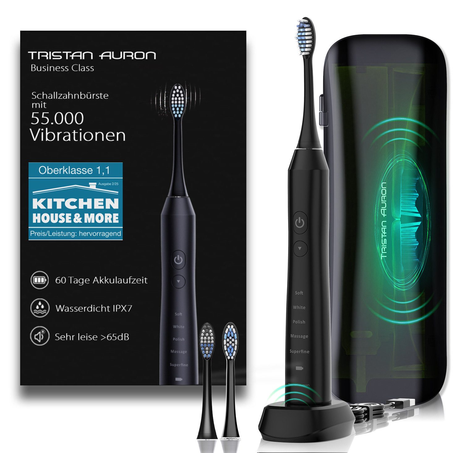 Schallzahnbürste Elektrische Zahnbürste UV Case 55.000 VPM 2 Min Timer 60 Tage Akku