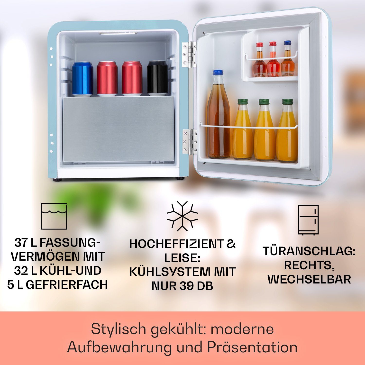 Hausbar HEA13-Audrey-blue hoch, cm 50 mit 10035309A, klein Table cm Klarstein Top 44 breit, Gefrierfach Getränkekühlschrank Kühlschrank Minikühlschrank