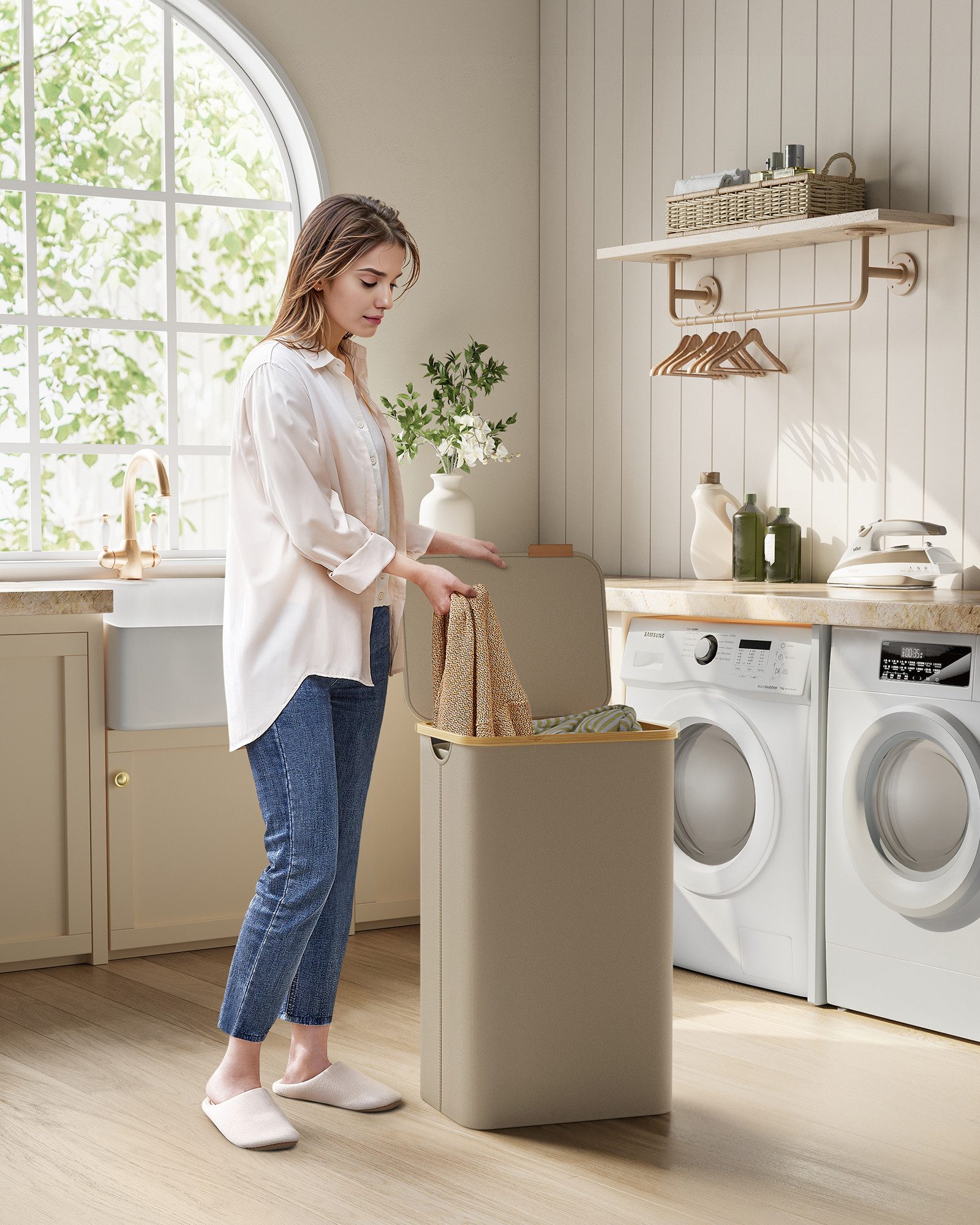 SONGMICS Wäschekorb, mit Deckel, 90 L, herausnehmbarer Wäschesack, Griffe a günstig online kaufen