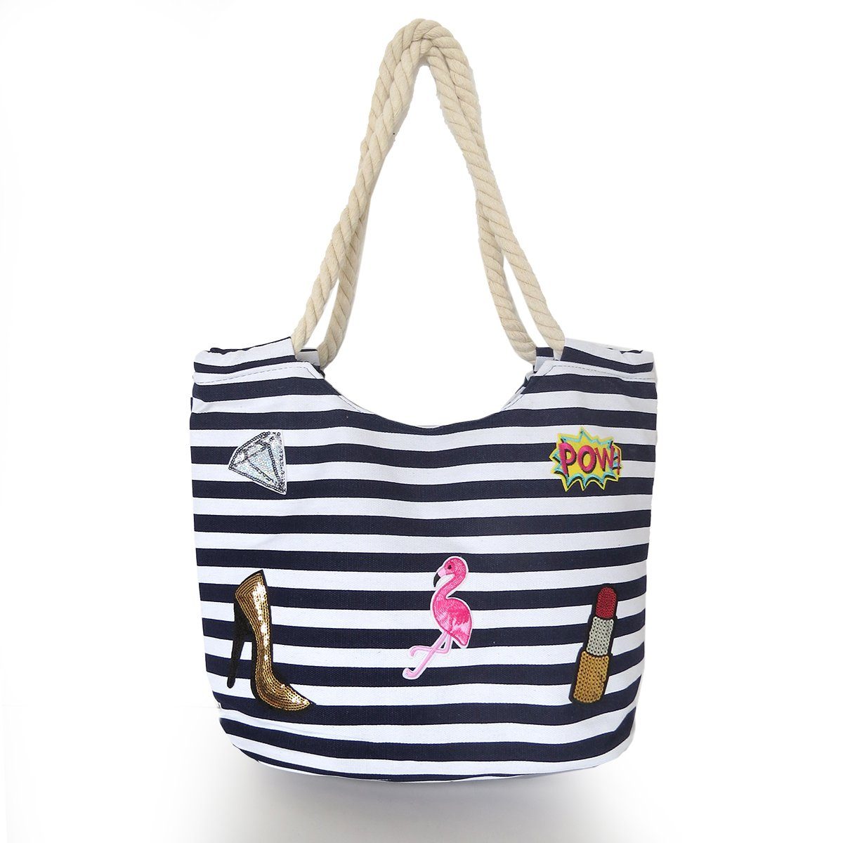 Sonia Originelli Umhängetasche Strandtasche maritim gestreift mit Patch Aufnähern Flamingo marine