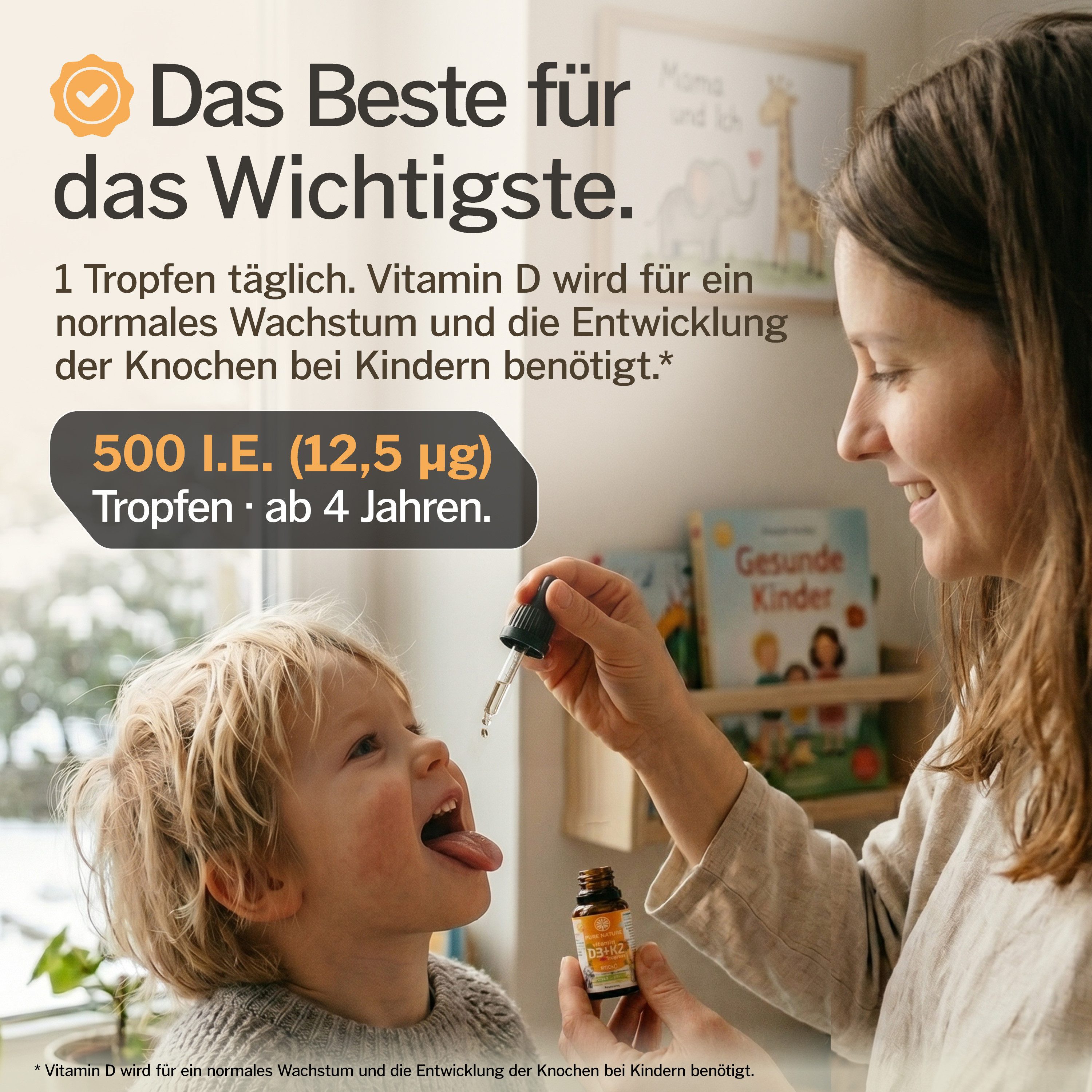 Pure Nature Vitamin D3+K2 Kinder - 500 IE - Bio-Kokus-MCT C8 Öl 99,8% All Trans Tropfen, 10 g 10 ml