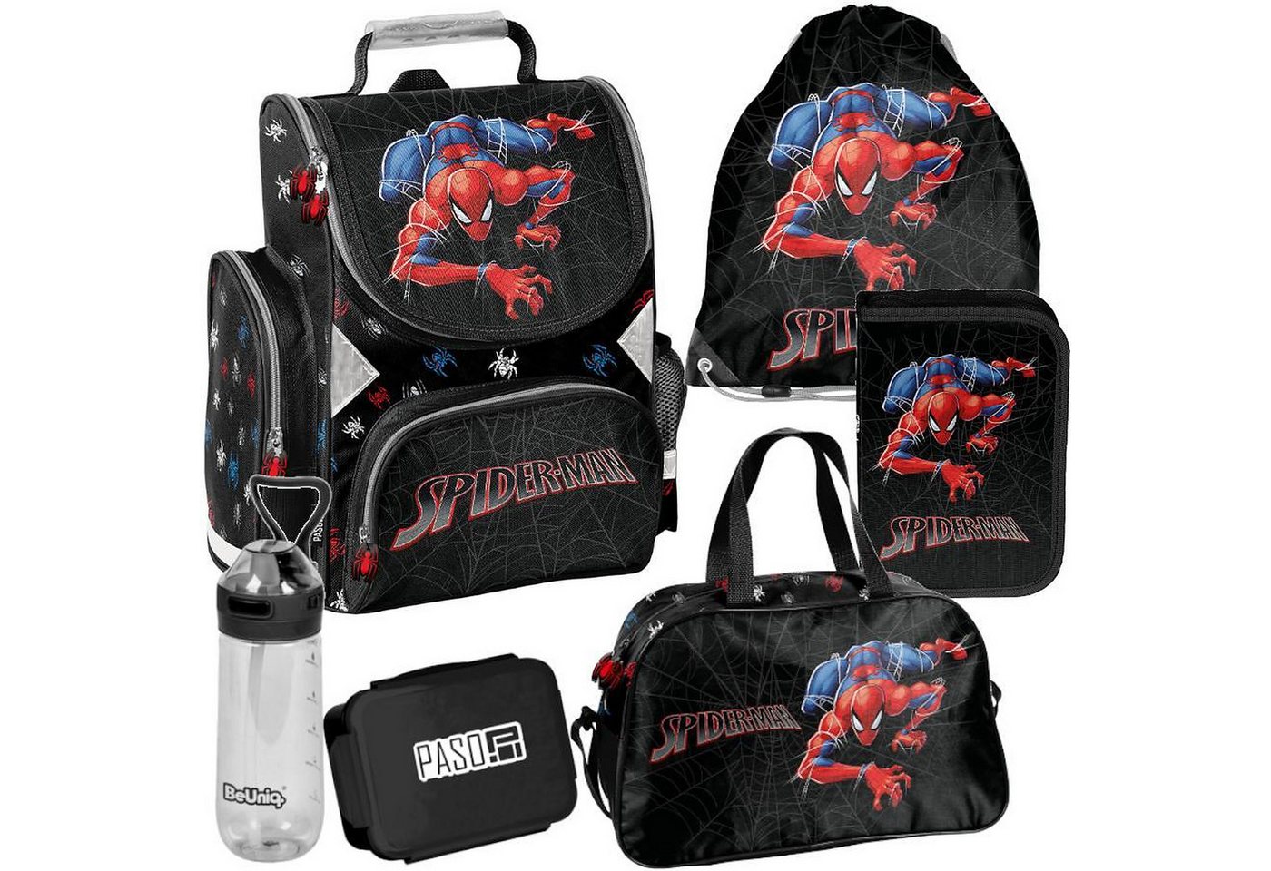PASO Schulrucksack Mega-Set Spider-Man Schulset 6-tlg. (Schulranzen + Turnbeutel + Federmäppchen + Lunchbox + Trinkflasche + Sporttasche, 6-tlg)