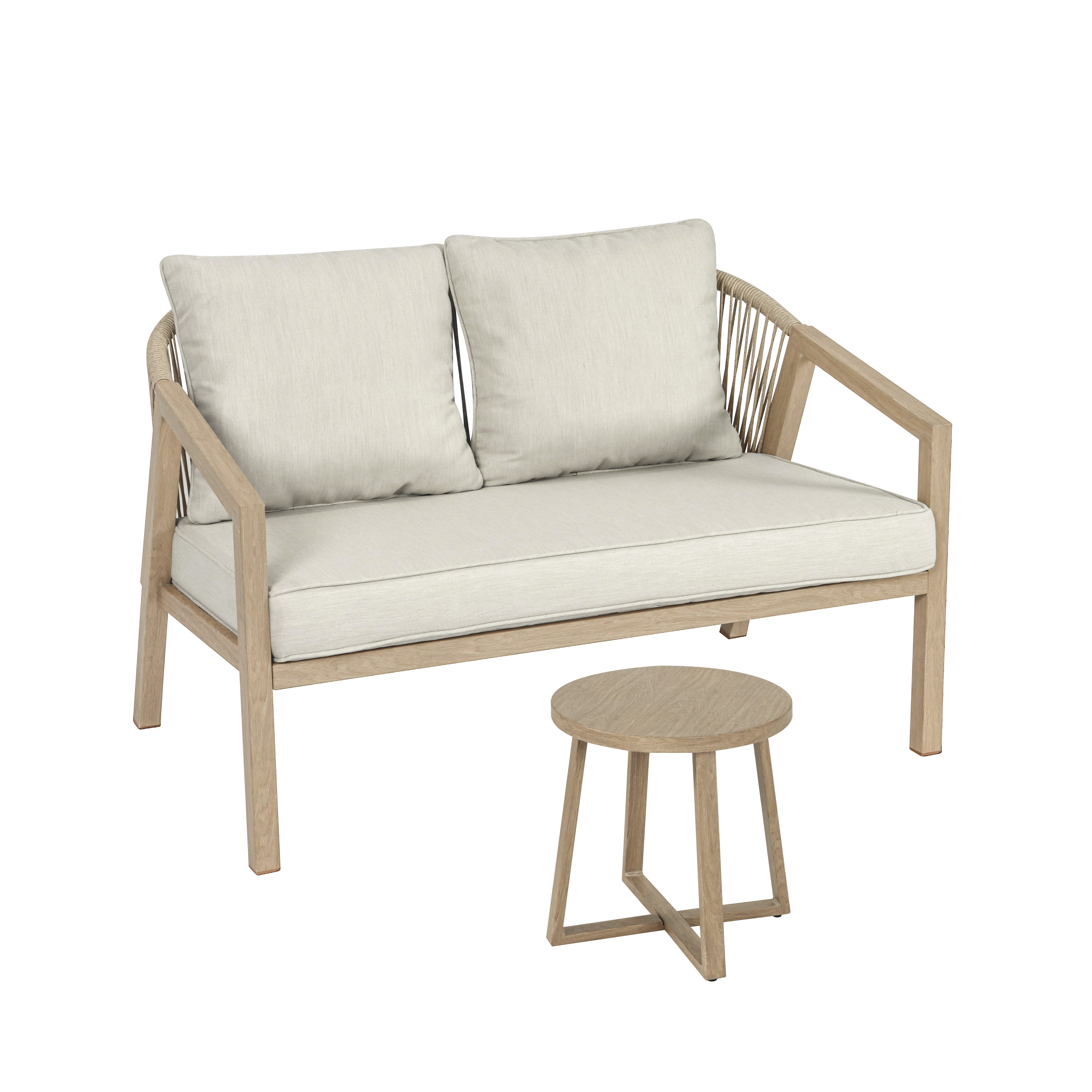 Koll Living Gartenlounge-Set 'Amber' in Beige, aus Stahl in natürlicher Holzoptik, wartungsfrei, (Gartensofa, Beistelltisch, 2-tlg., pulverbeschichteter Stahl in Holzoptik), wasserabweisend, UV- & witterungsbeständig