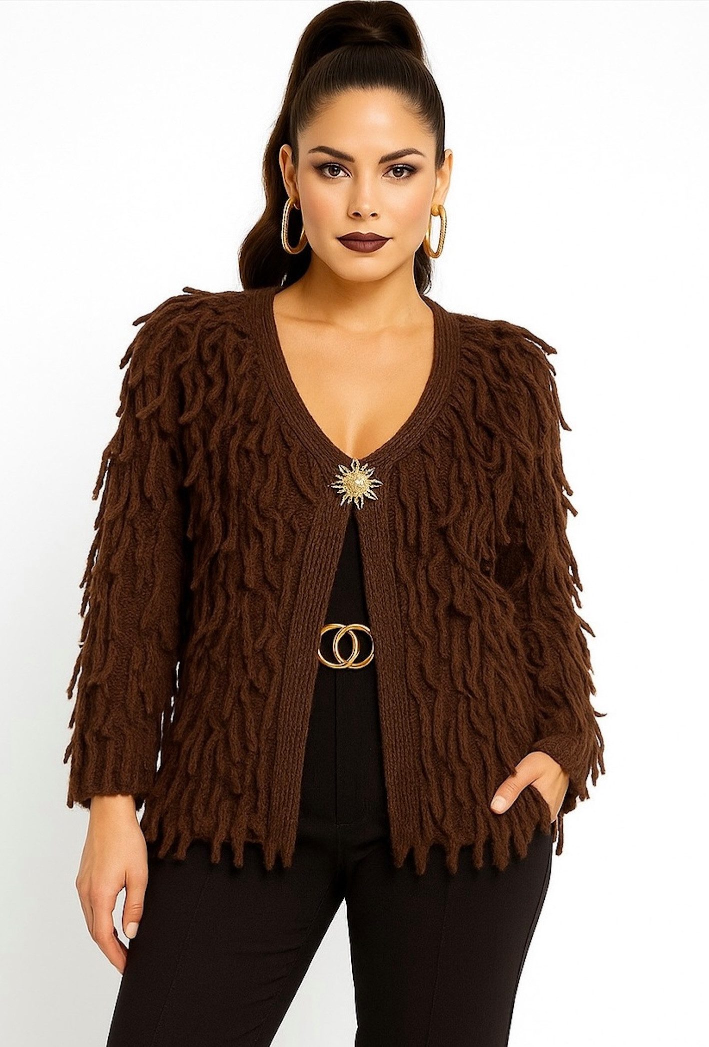 Cardigan WORLDCLASSCA Strickjacke Cardigan Fransen Strickpulllover mit Knopf