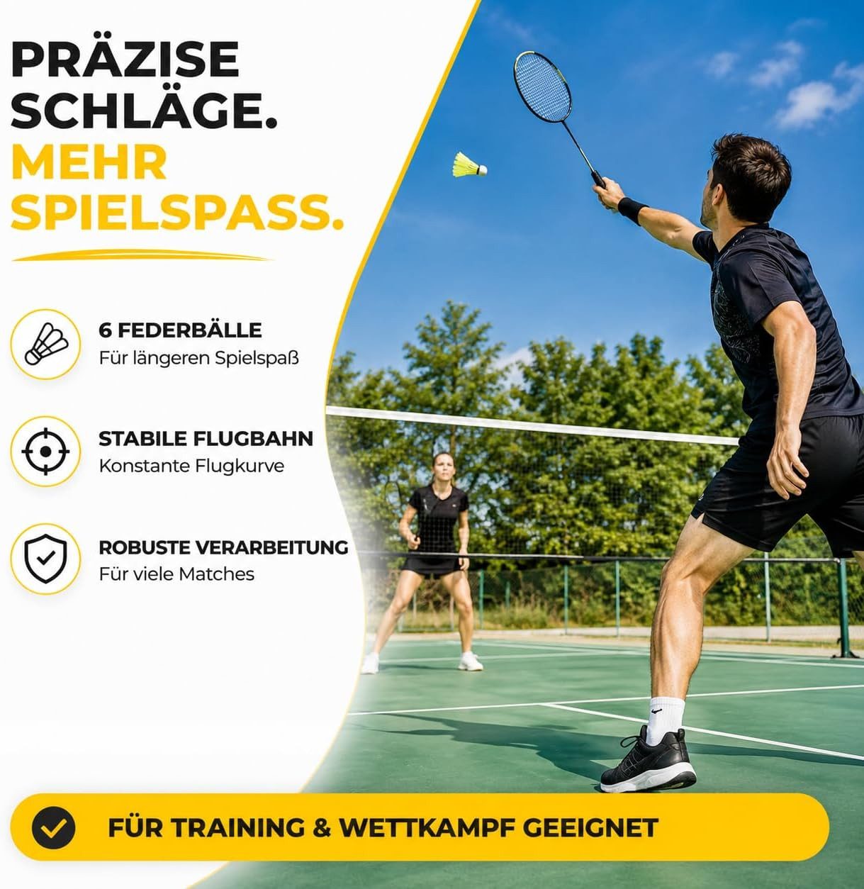 Outdoorn Federball Federbälle gelb für Badminton: Training Wettkampf - Badmintonbälle (6er-Set, 6-St., 6-teilig)