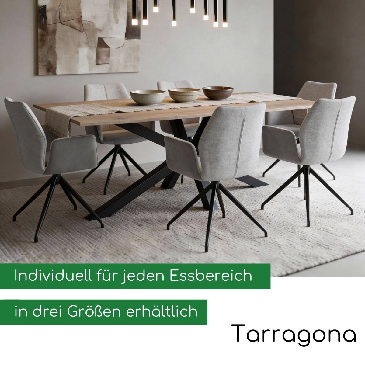 CASA DOMA Esstisch Tarragona, Küchentisch, Wohnzimmertisch, Massivholzplatte Eiche (White-Wash-Finish, Platz für 6 bis 10 Personen), natürliche Baumkante, Metallgestell Spider-Form, Breite 180 bis 220 cm