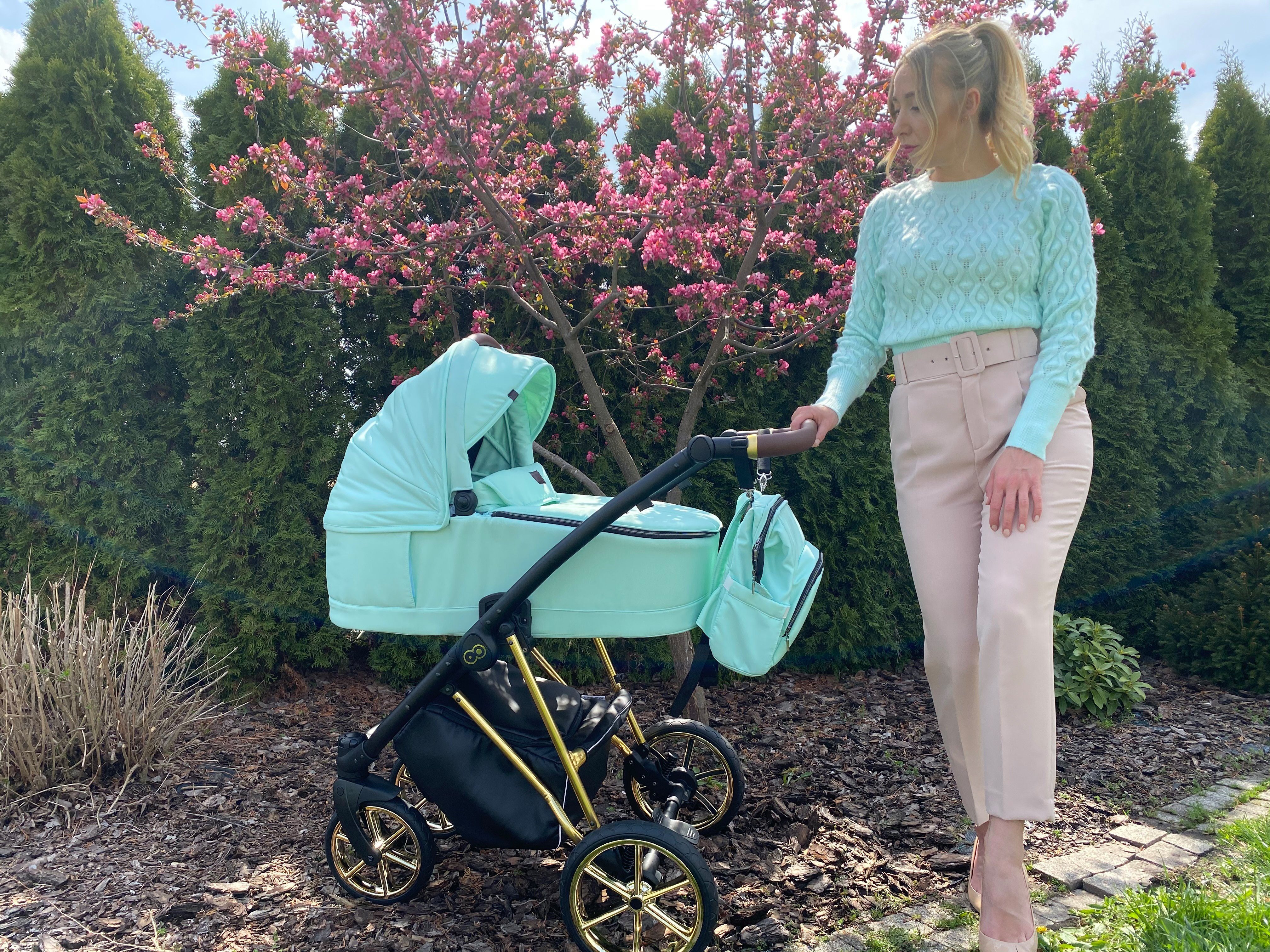 TPFFamily Kombi-Kinderwagen 2in1 Musse Ultra, Baby Buggy Babywanne 5-Punkt-Sicherheitsgurt, großes Zubehör-Set Kinderwagen 2 in 1 Stoff Mint, Gestell Grau