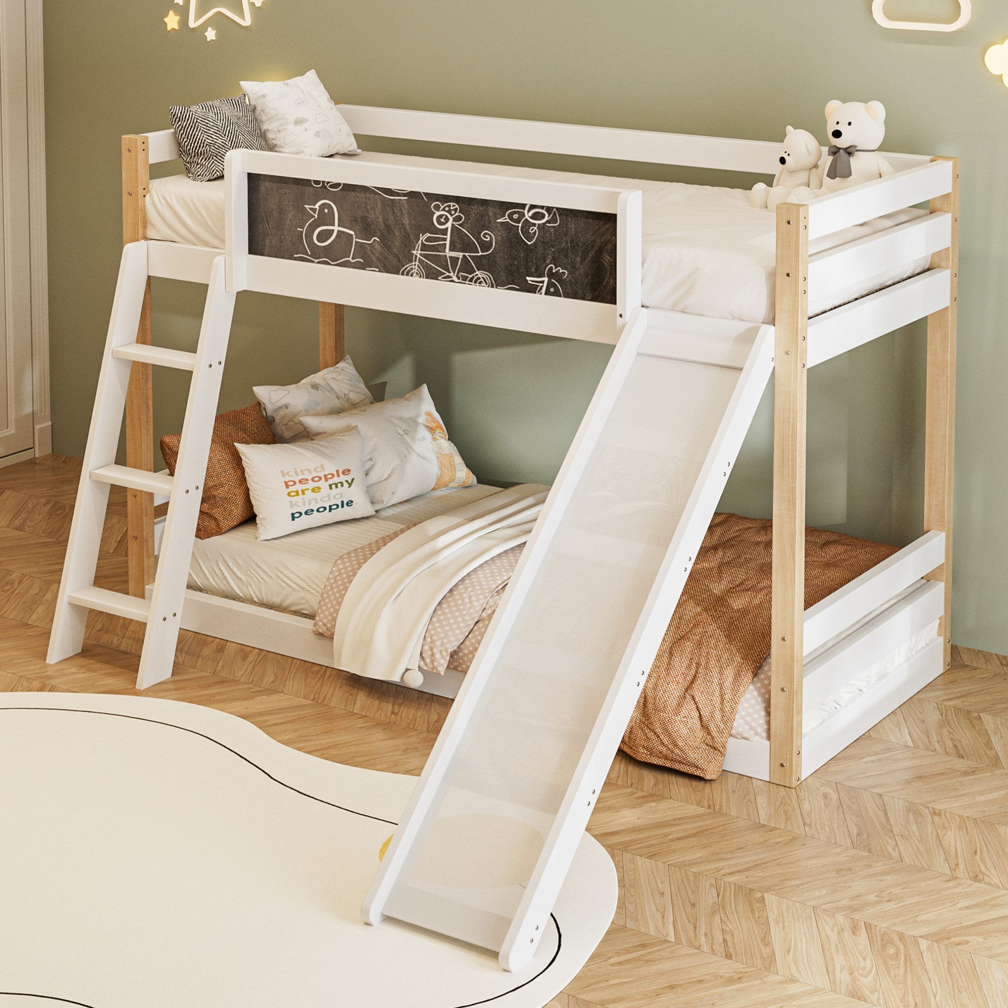 OKWISH Etagenbett Hochbett mit Rutsche und Treppe für Kinder (Packung, 90x200 + 90x190 cm, ohne Matratze), Wood+PB, 124x127,5x204 cm, Schutzgitter