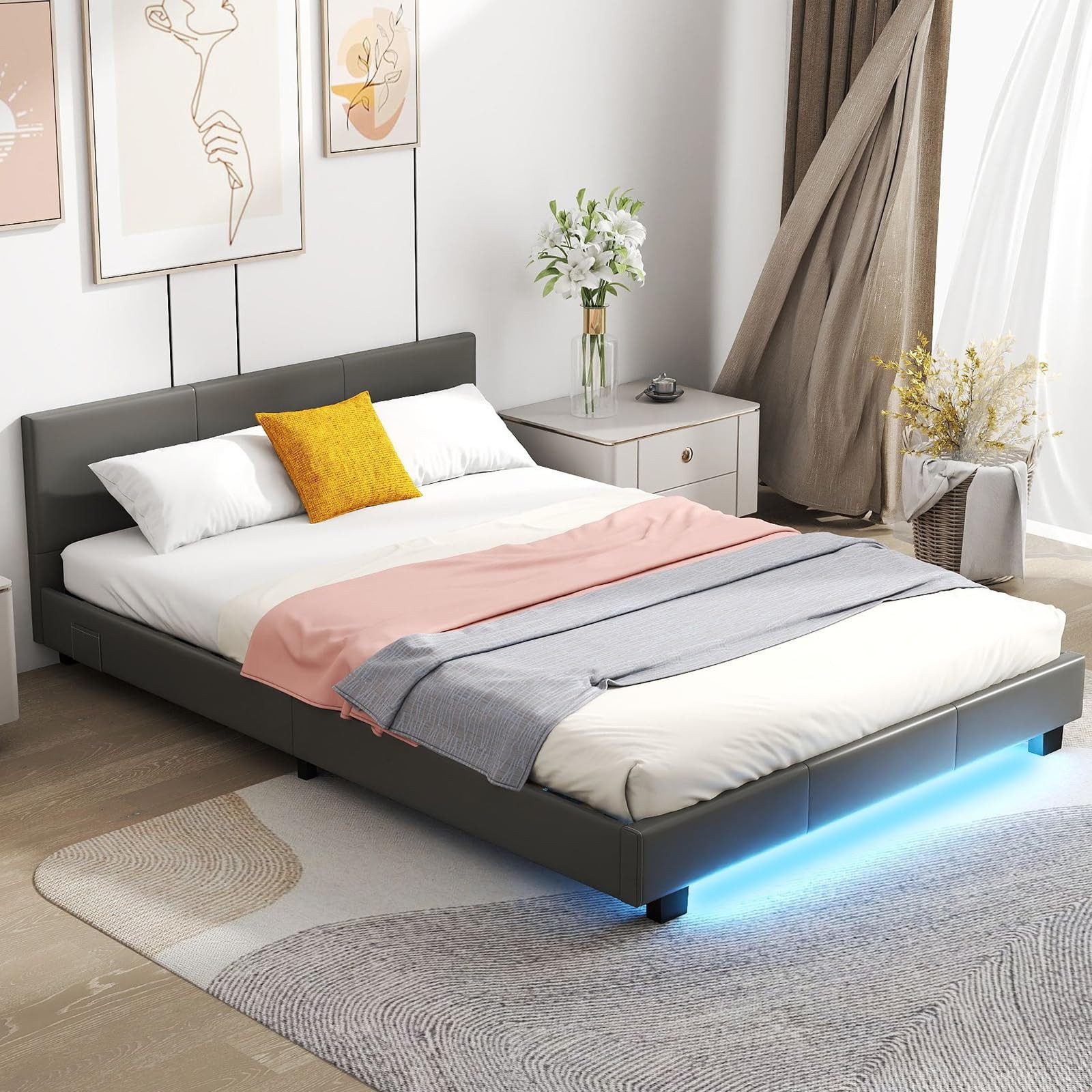 COSTWAY Bettgestell, Polsterbett mit LED Beleuchtung, 140x200cm