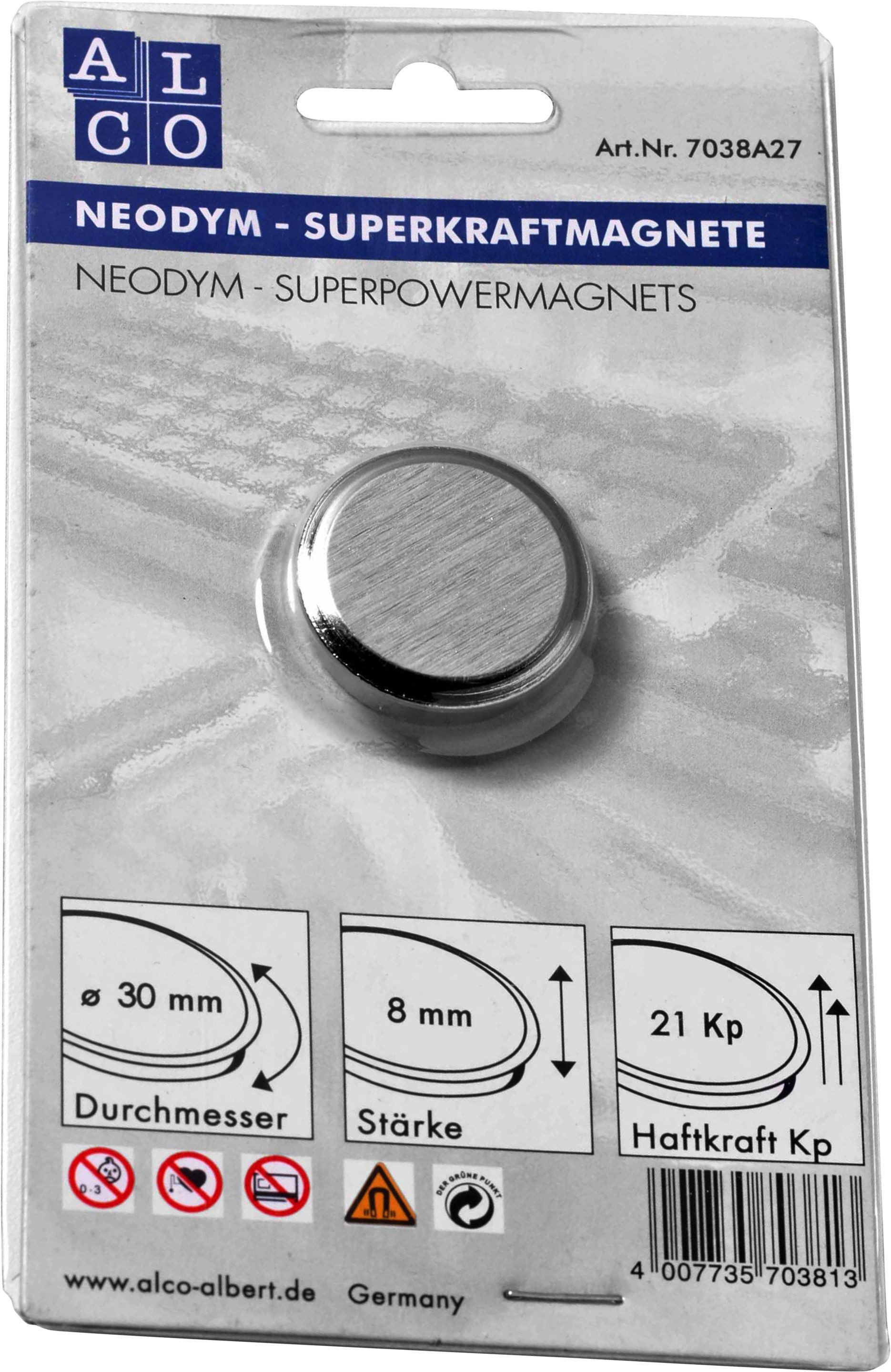 ALCO Magnet Superkraftmagnet Neodym Neodym (Nd) 30mm TG 21000 g silber gebürstet