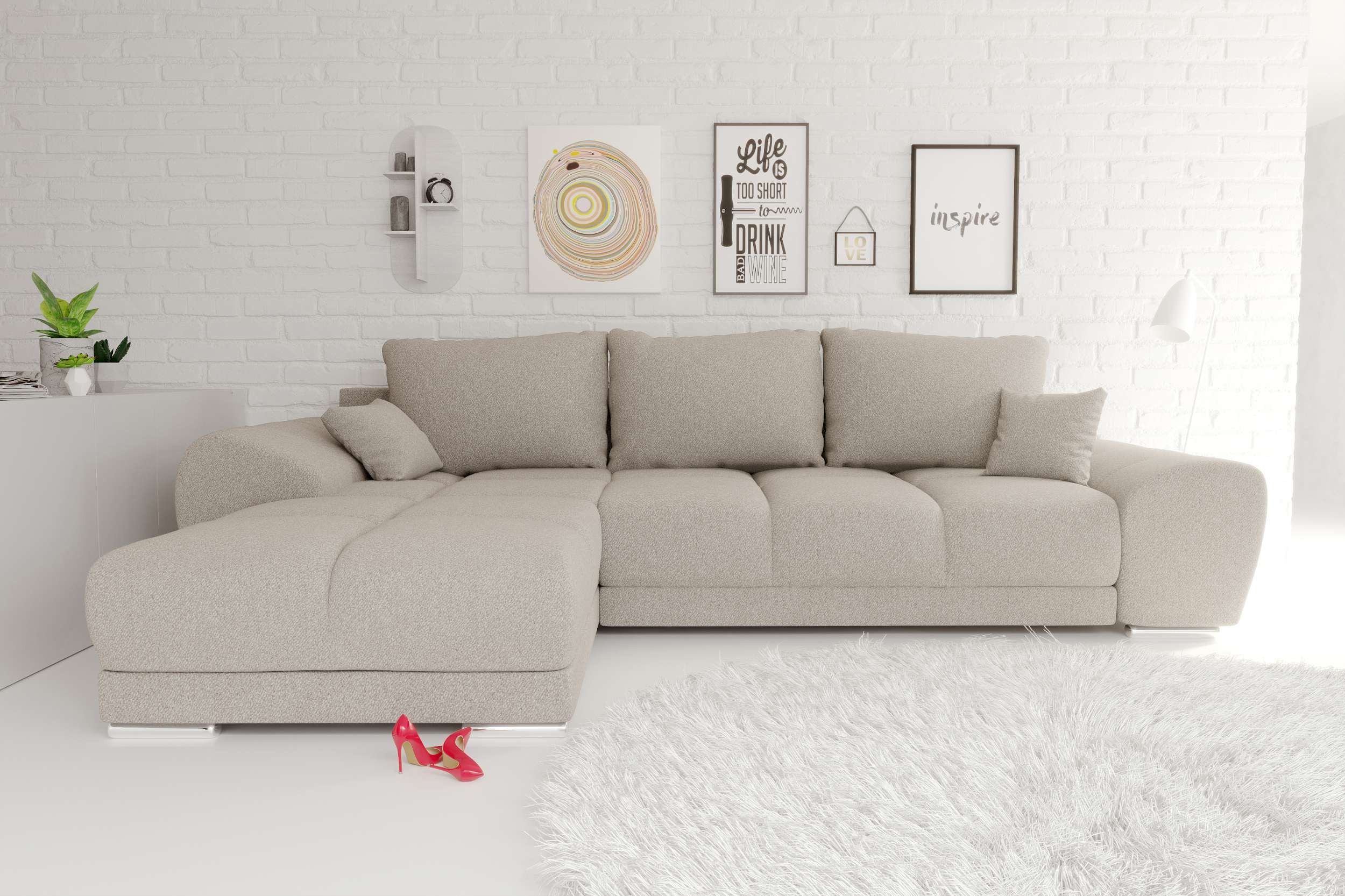 99rooms Ecksofa Antalya, Sofa L-Form, Eckcouch, mit Rückenkissen, Schlaffunktion, Strukturstoff NEVE