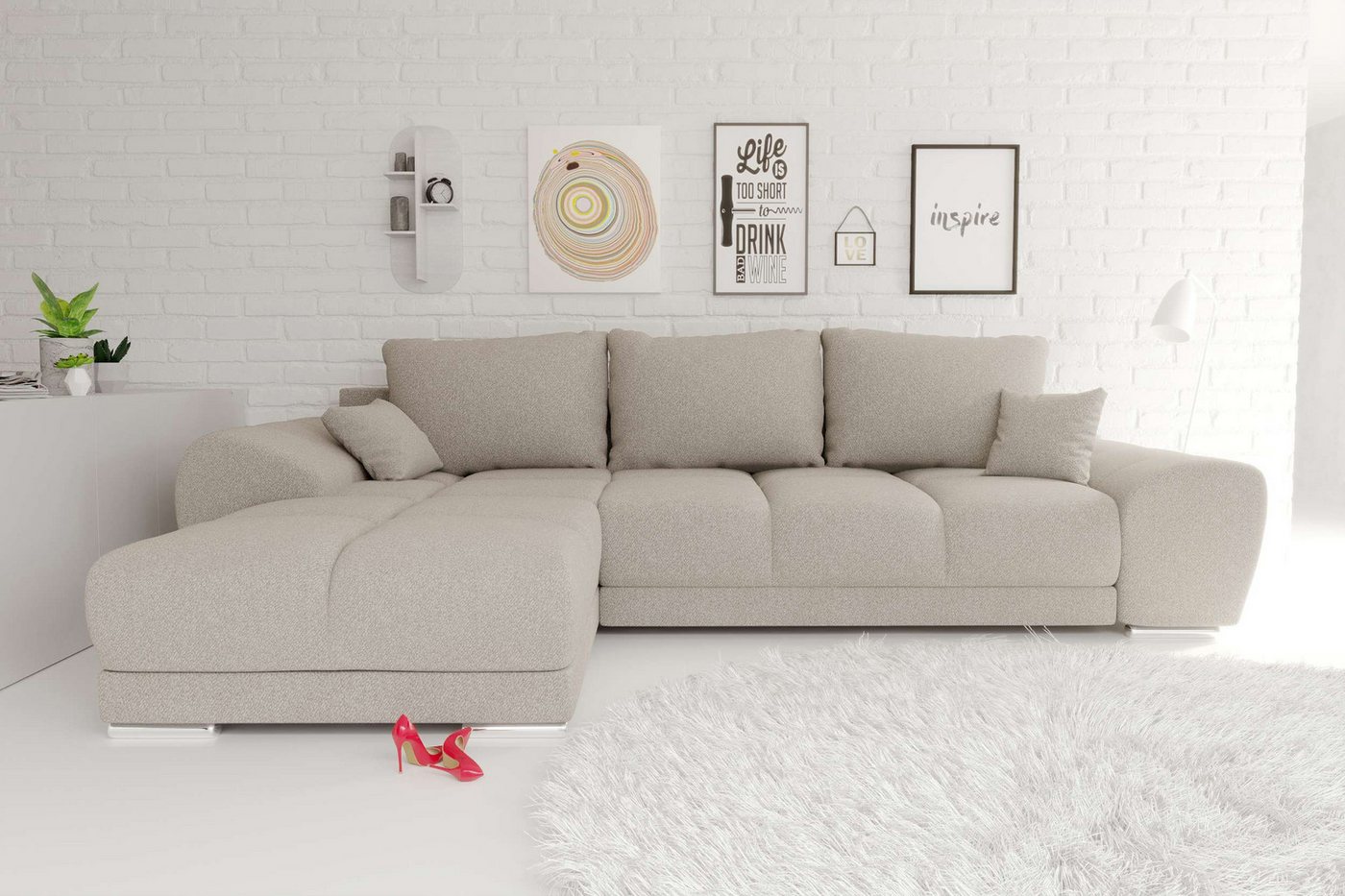 99rooms Ecksofa Antalya, Sofa L-Form, Eckcouch, mit Rückenkissen, Schlaffunktion, Strukturstoff NEVE