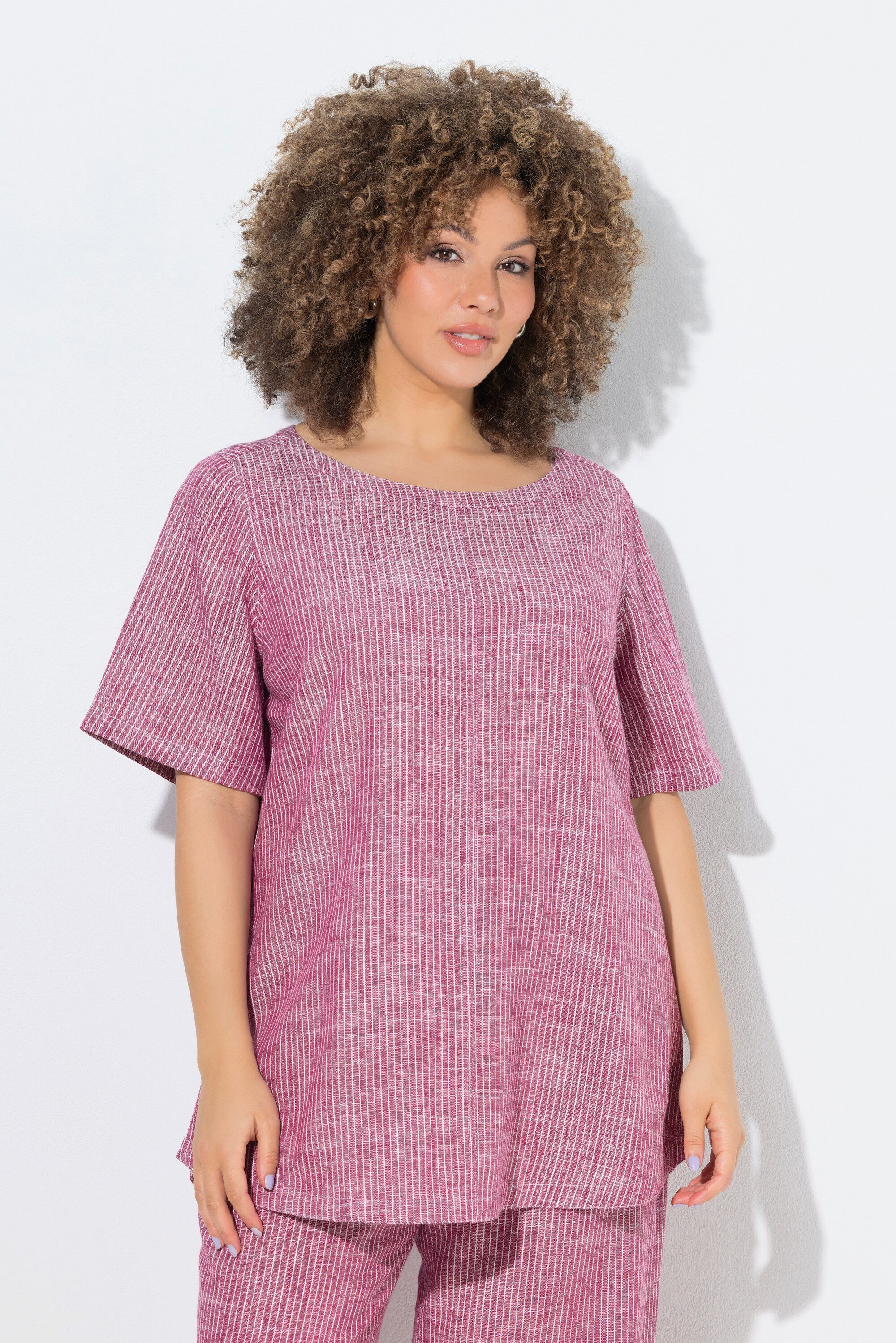 Ulla Popken Longbluse Bluse Leinenmix Streifen Rundhals Halbarm