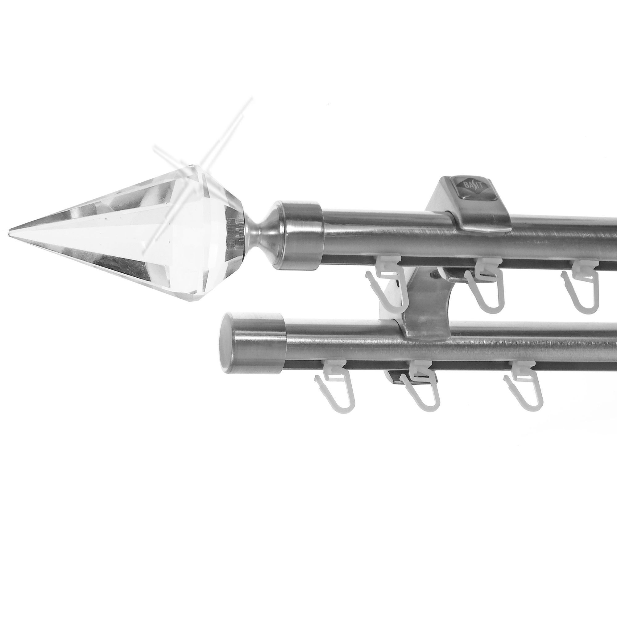 BASIT Gardinenstange Innenlauf Edelstahloptik 20mm mit Deckenträgern 400 cm E37, Ø 20 mm, 2-läufig, verschraubt, Aluminium, D60II 400 cm E37 Spitze Kristall