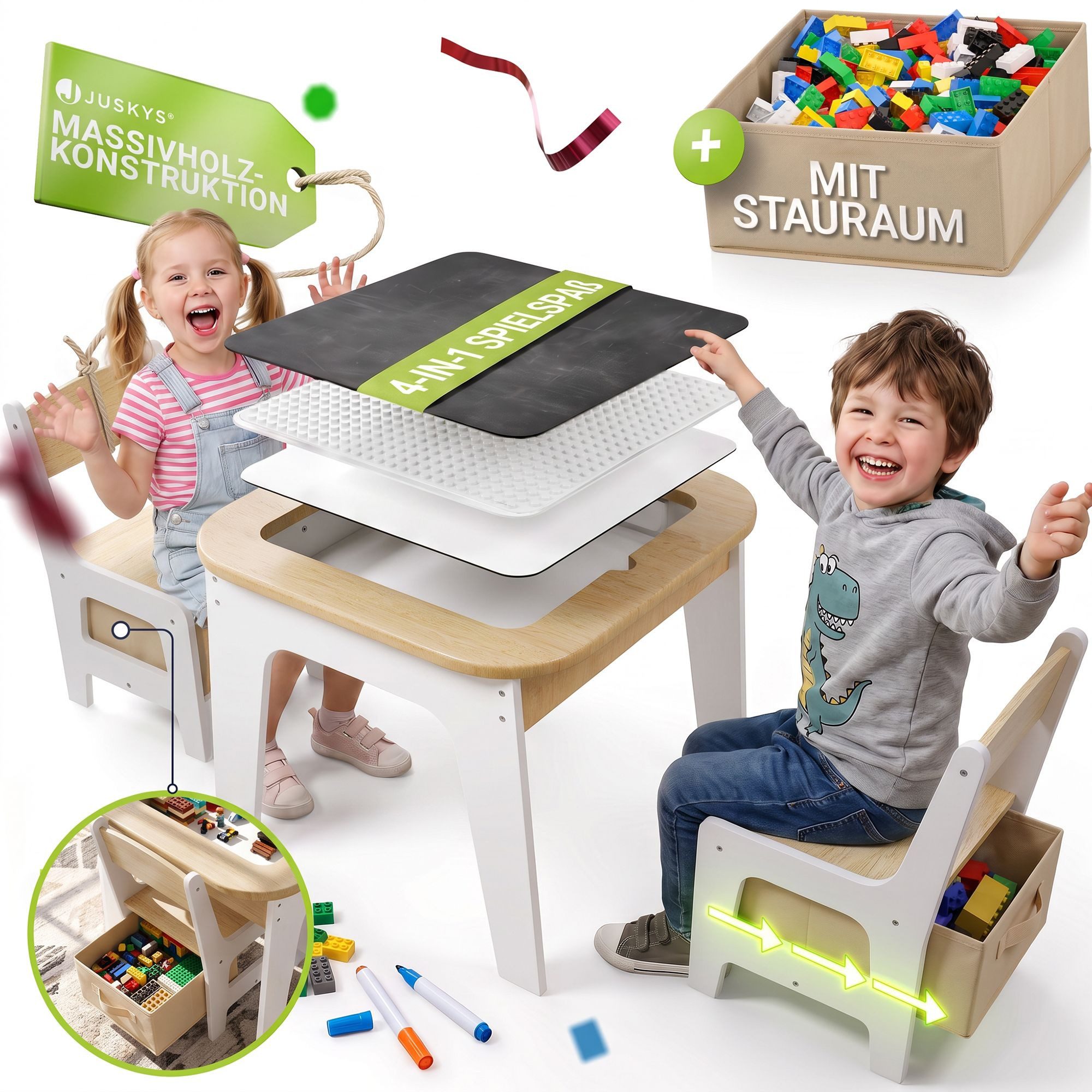 Juskys Kindersitzgruppe Milou, Set mit 2 Stühlen & 1 Tisch, Holz Spieltisch, Stauraum & Wendeplatten
