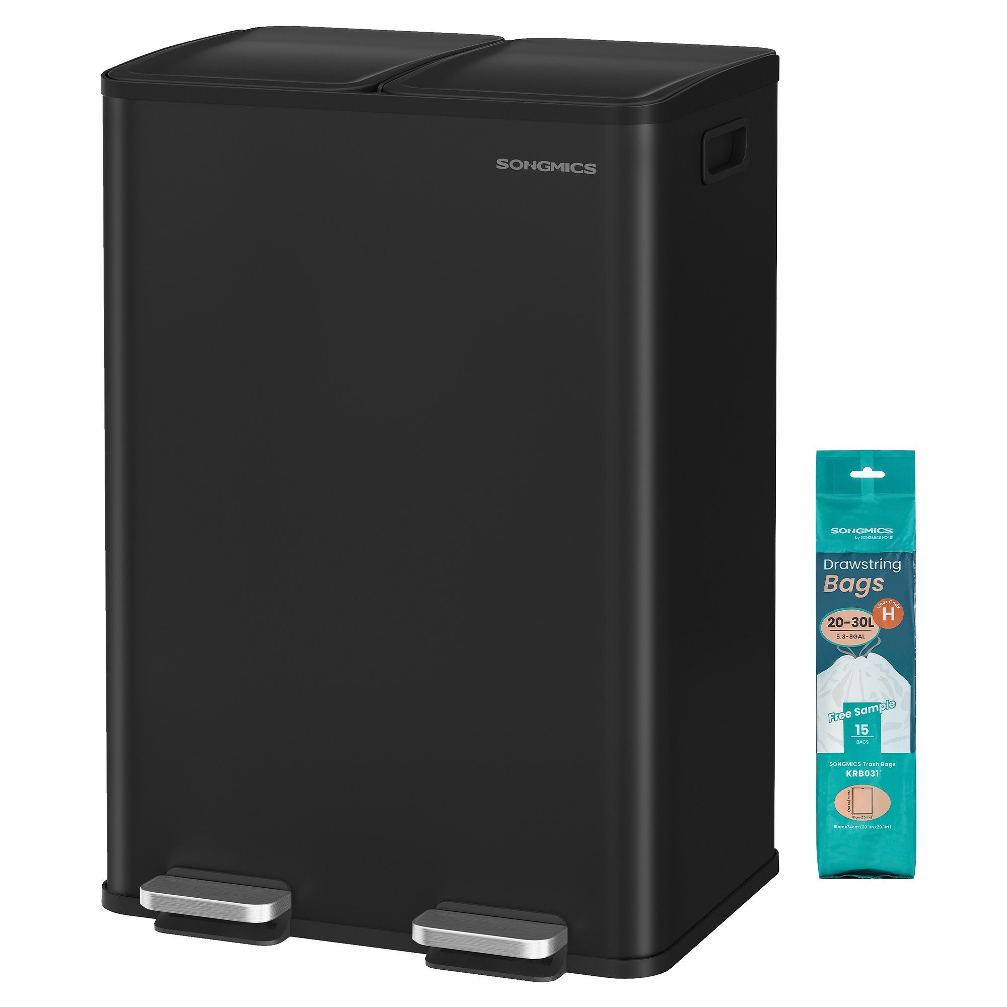 SONGMICS Mülleimer Mülleimer Küche, 2 Fächer, Abfalleimer, Softclose, 2 x 30 Liter