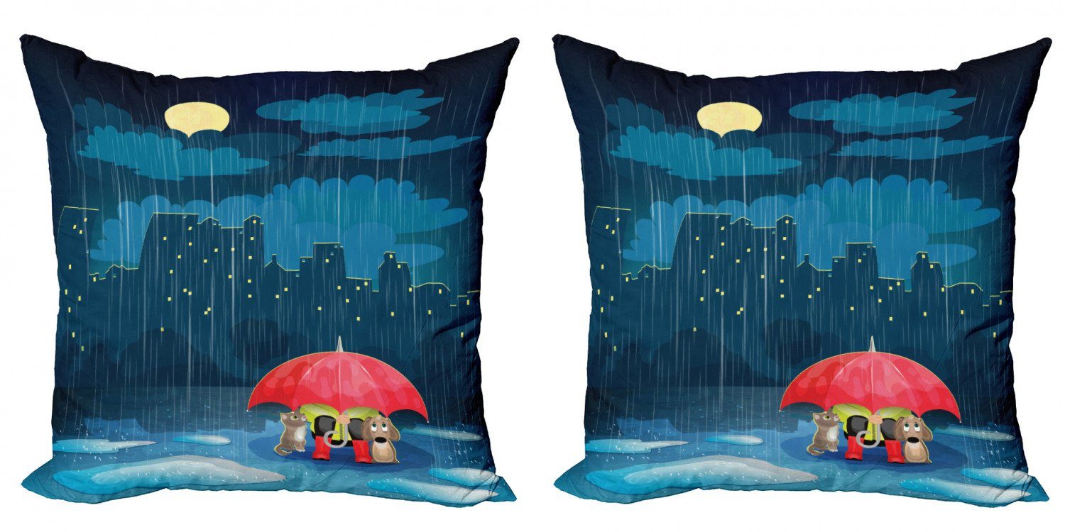 Kissenbezüge Modern Accent Doppelseitiger Digitaldruck, Abakuhaus (2 Stück), Kindergarten Cartoon-Tier unter Regen
