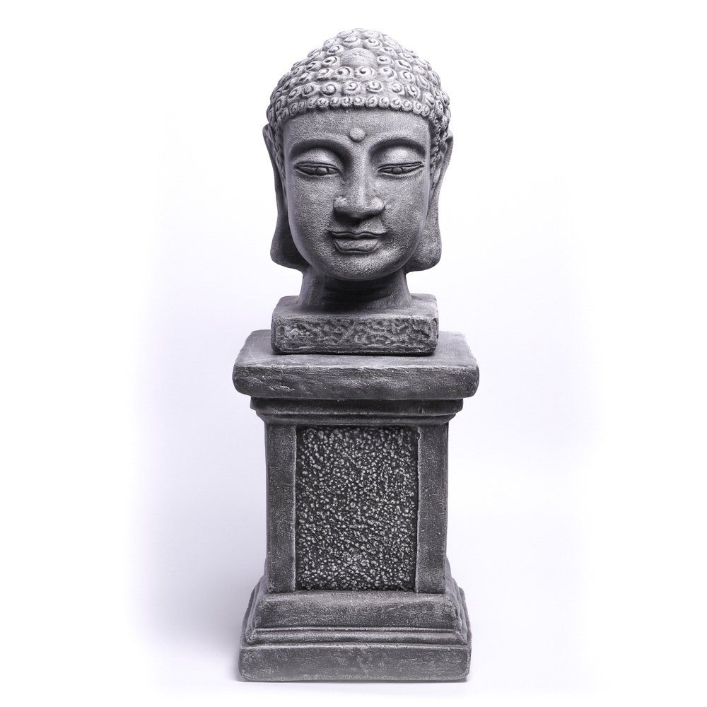 Tiefes Kunsthandwerk Buddhafigur Buddhakopf mit Säule aus Stein - Statue für Haus und Garten, frostsicher, winterfest, Made in Germany grau