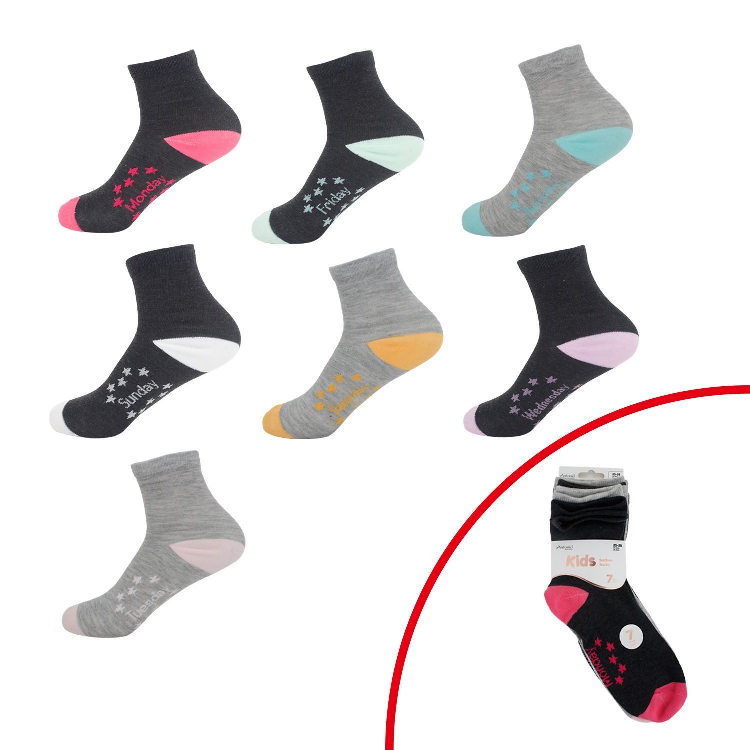 Antonio Socken Kinder Socken Set » 7 Paar Strümpfe für jeden Tag (Set, 7-Paar, 7 Paar) » Kinderstrümpfe Wochentag » Bunte Kindersocken