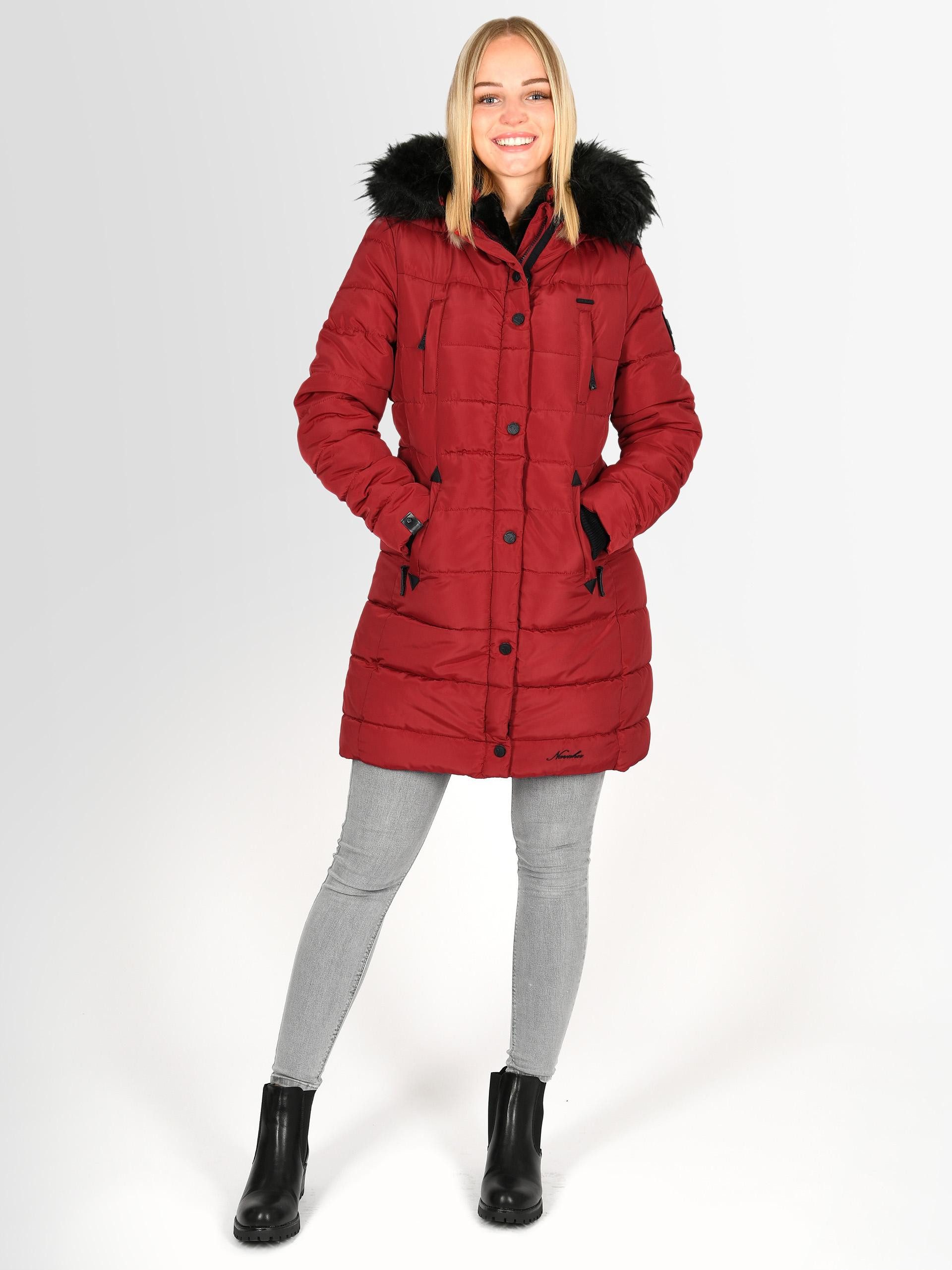 Navahoo Winterjacke Steppjacke lang mit Kapuze – Warm gefüttert Lange Winterjacke mit Teddyfutter und abnehmbarem Kunstfell