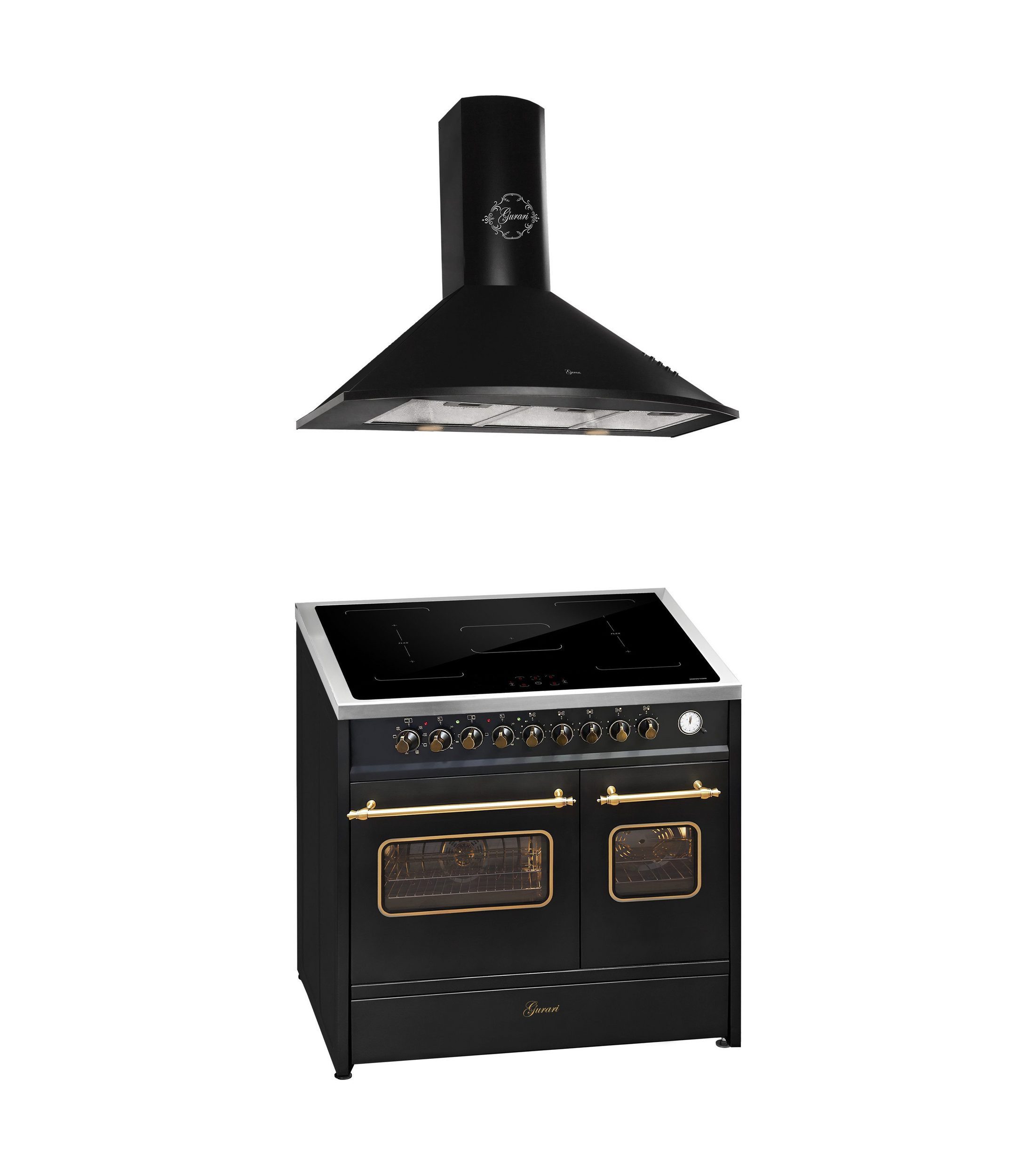 GURARI Induktions-Standherd Retro Elektro Standherd 90 cm+ Dunstabzugshaube 90 cm E 913 DF RU BL+GCH 046 Bl 9,., mit 1-fach-Teleskopauszug