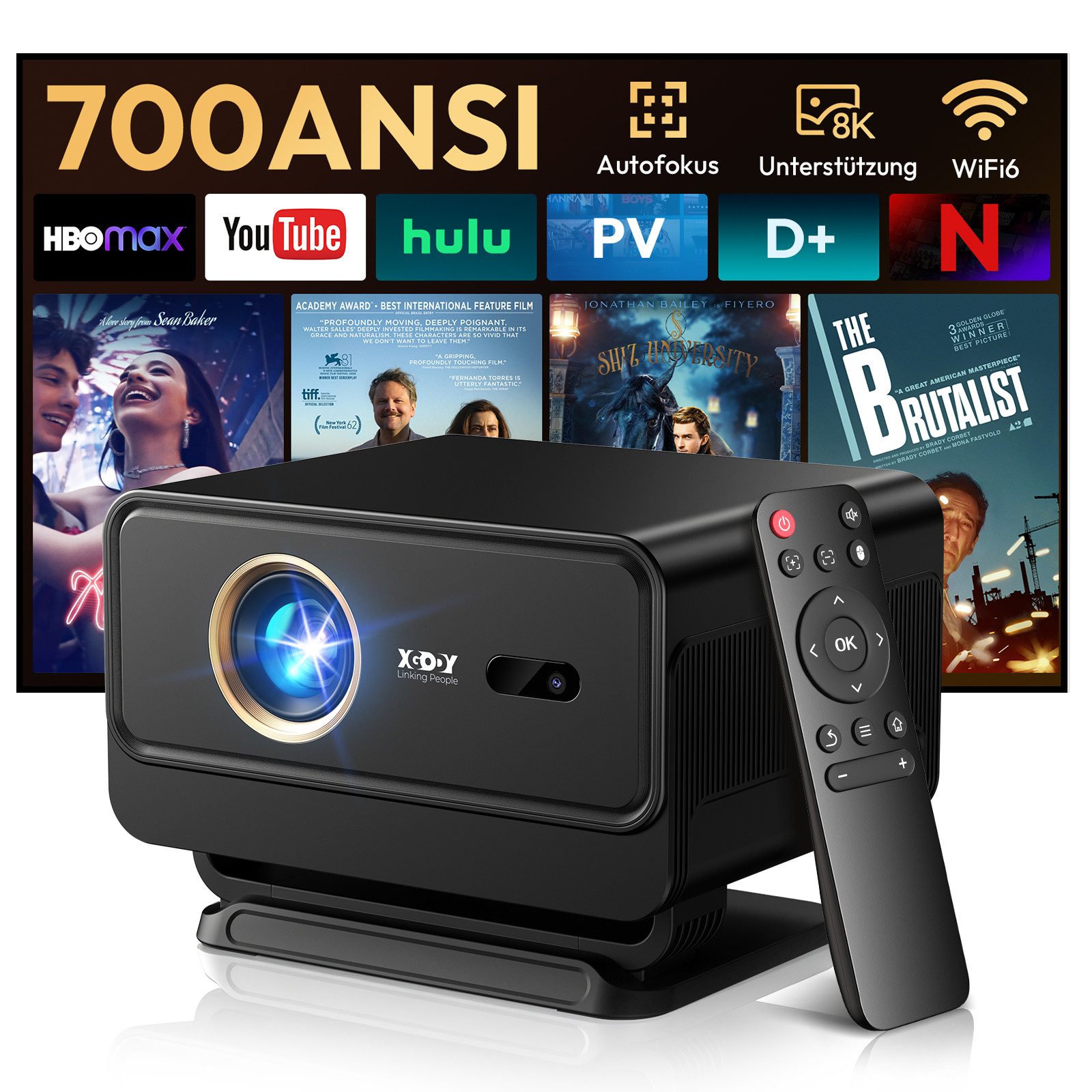 XGODY Smart Beamer Android 14 mit Apps, 1080P Projektor 4K Unterstützt Mini-Beamer (700 lm, 1500:1, 3840 x 2160 px, 700 ANSI Lumen, Beamer 4K Heimkino mit Autofokus, WiFi6, BT5.4)