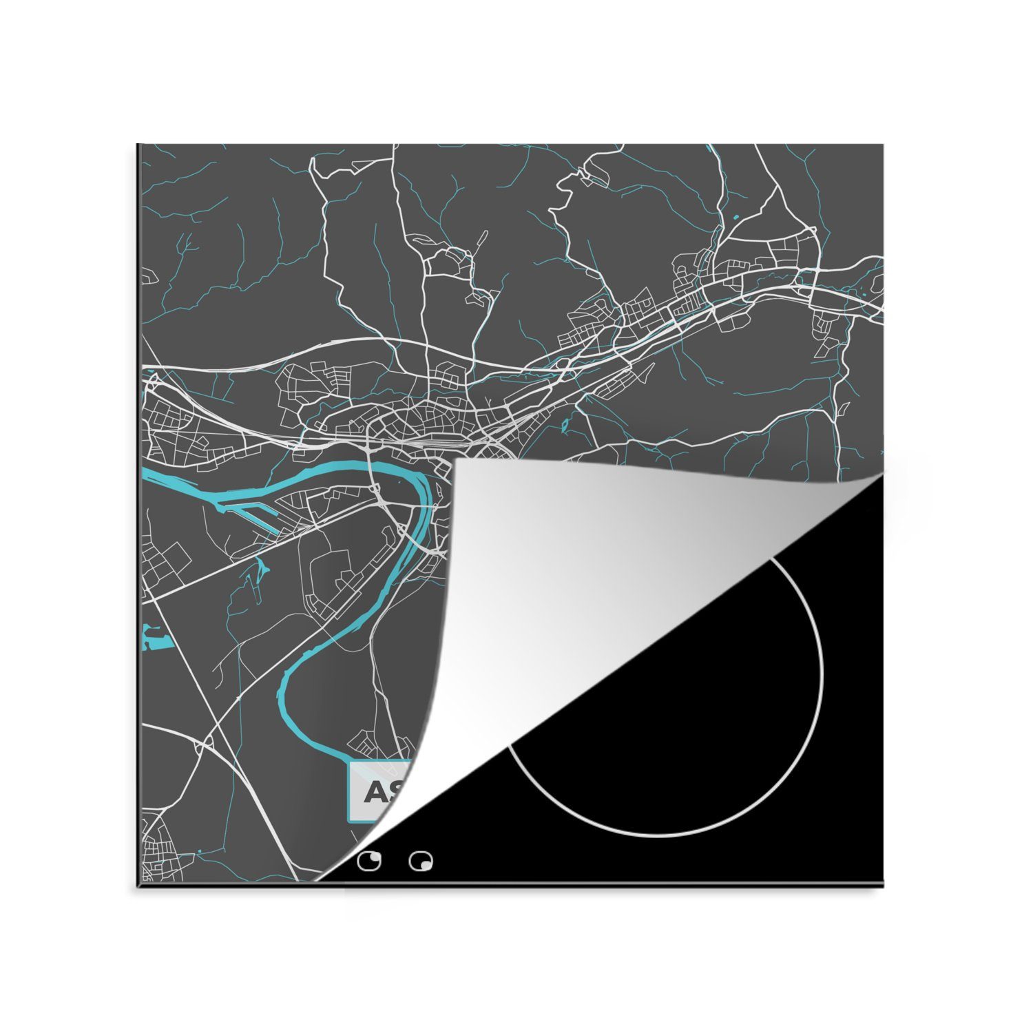 MuchoWow Herdblende-/Abdeckplatte Karte - Aschaffenburg - Blau - Stadtplan - Deutschland, Vinyl, (1 tlg), 78x78 cm, Ceranfeldabdeckung, Arbeitsplatte für küche