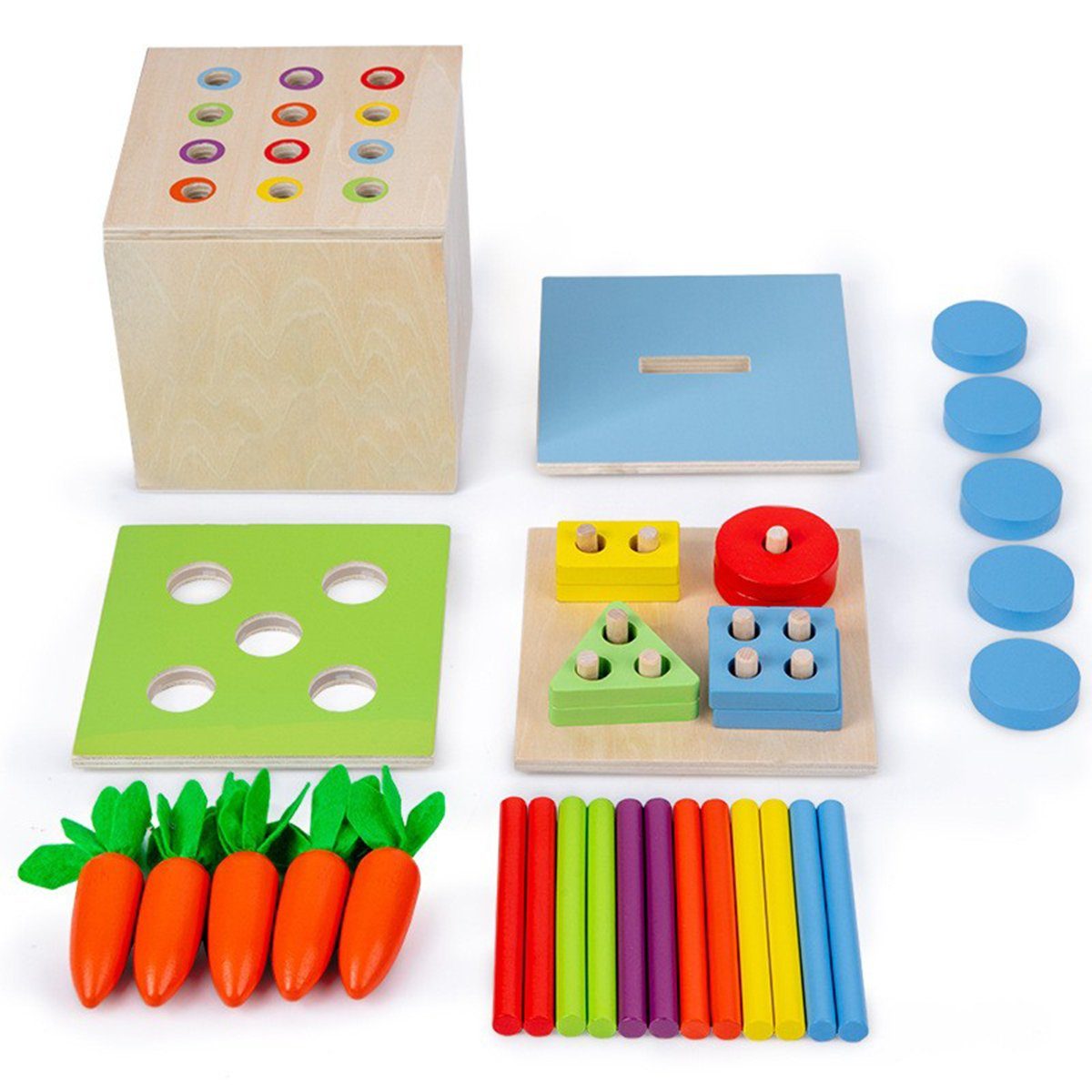XDeer Lernspielzeug Montessori Spielzeug Holzspielzeug 4 IN 1 Sortierspiel  , Ball Drop Karottenernte Lernspielzeug Geschenk