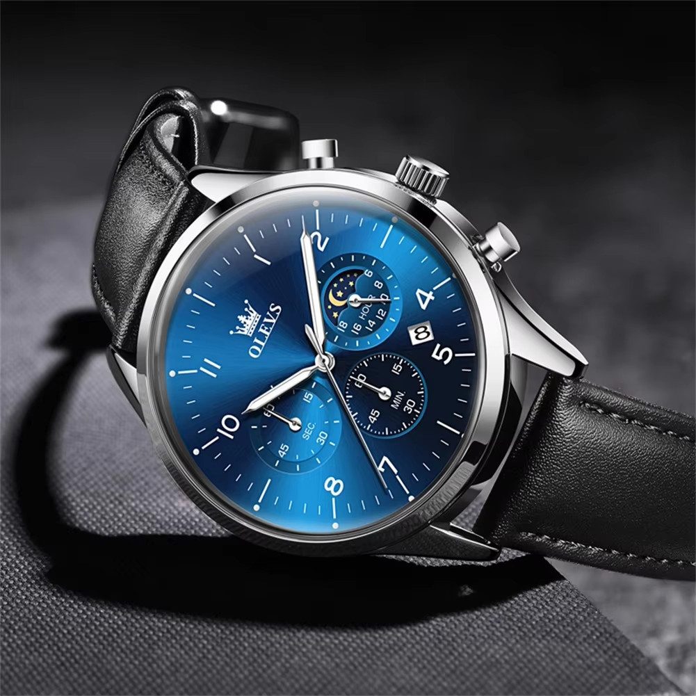 OLEVS Quarzuhr Herren Olevs Chronograph Uhr mit Tag & Nacht Anzeige, Lederarmband
