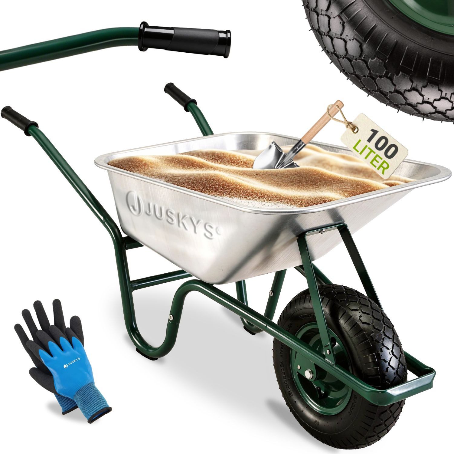 Juskys Schubkarre Garden, 100L, bis 250 kg, Luftreifen, verzinkte Wanne, inkl. Handschuhe