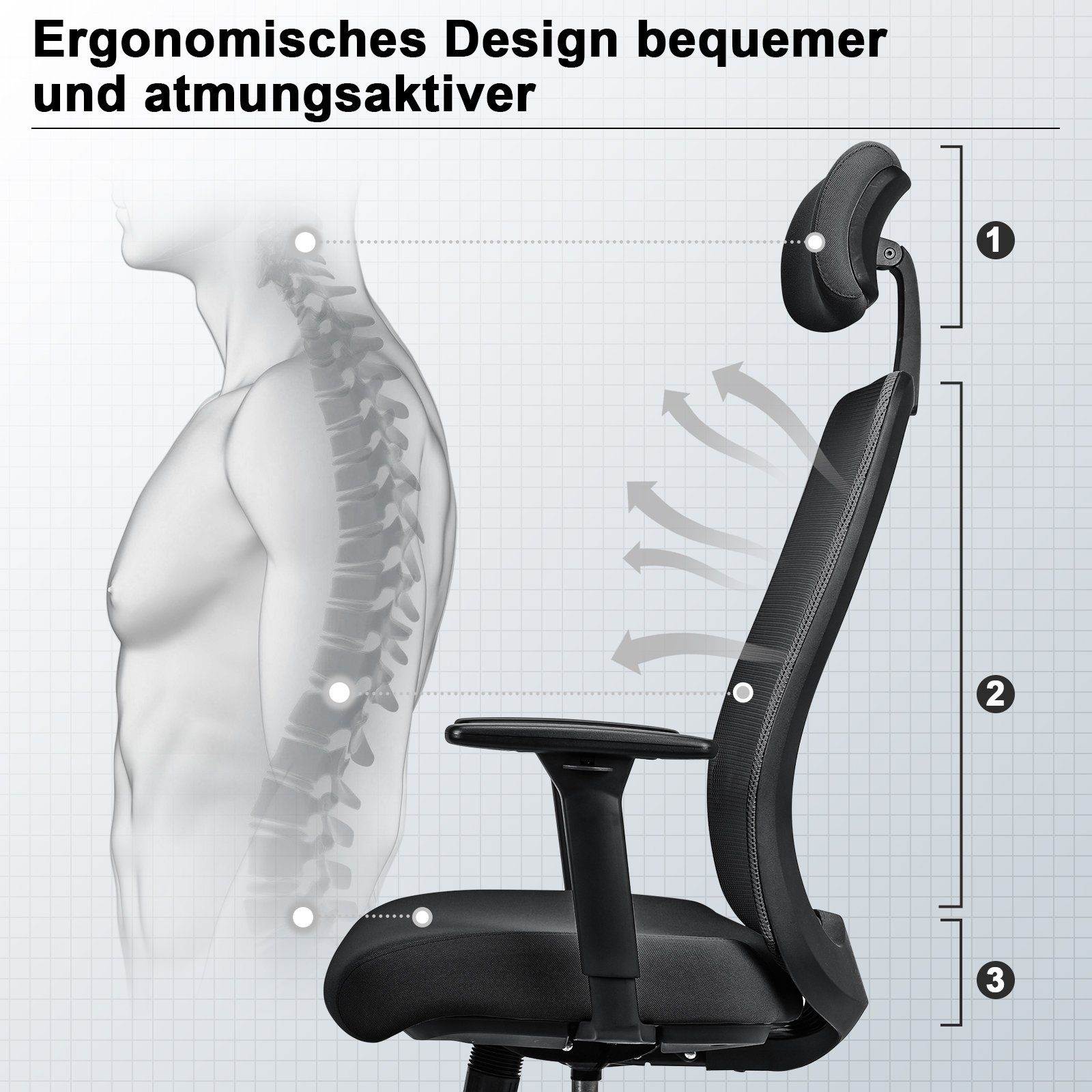 Schwarz Rückenlehne, und Armlehnen mit hoher Schreibtischstuhl, Rückenlehne, Kopfstütze, 150kg Verstellbare ergonomischer MELOKEA belastbar Bürostuhl Drehstuhl