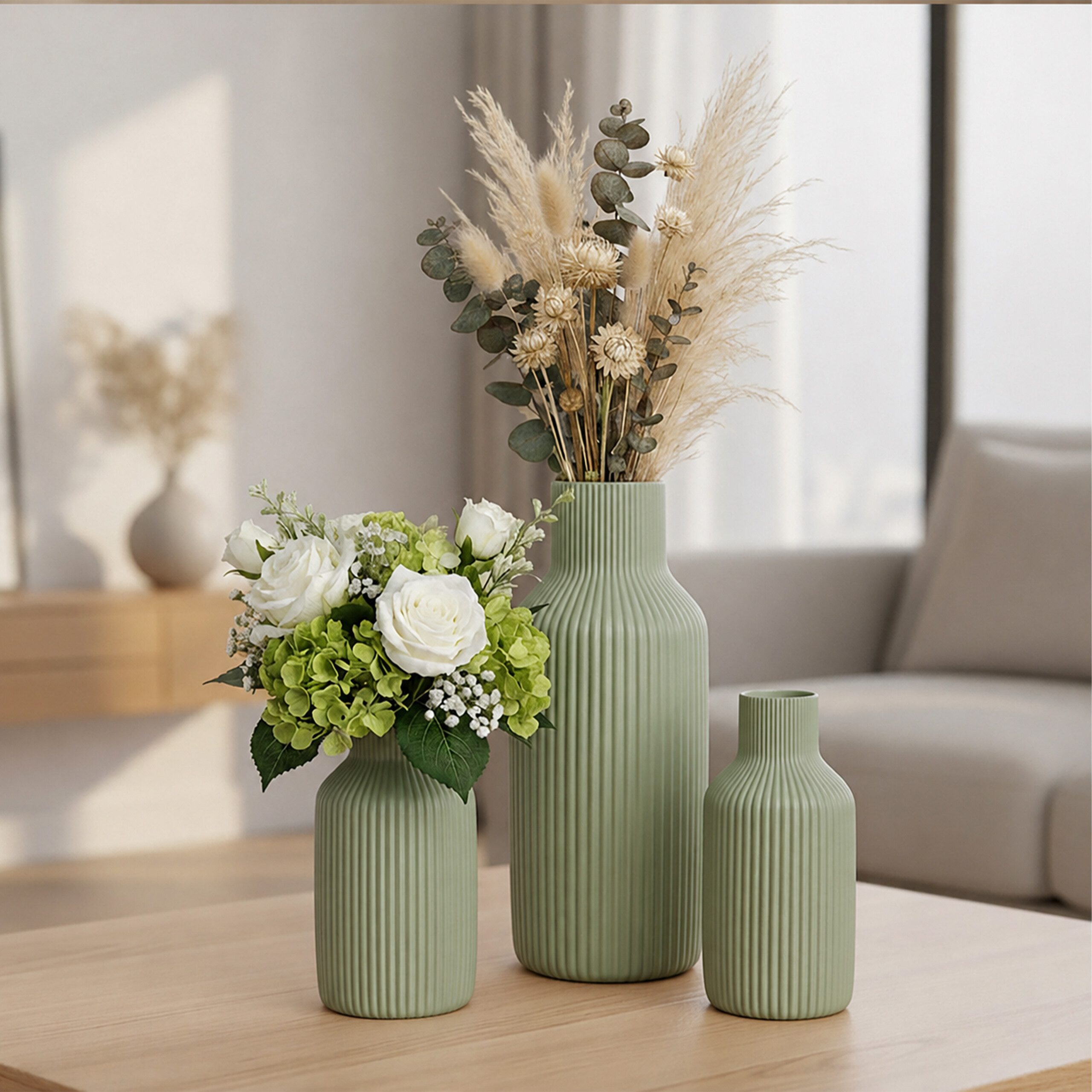 relaxdays Tischvase Vasen 3er Set aus Keramik, Salbei