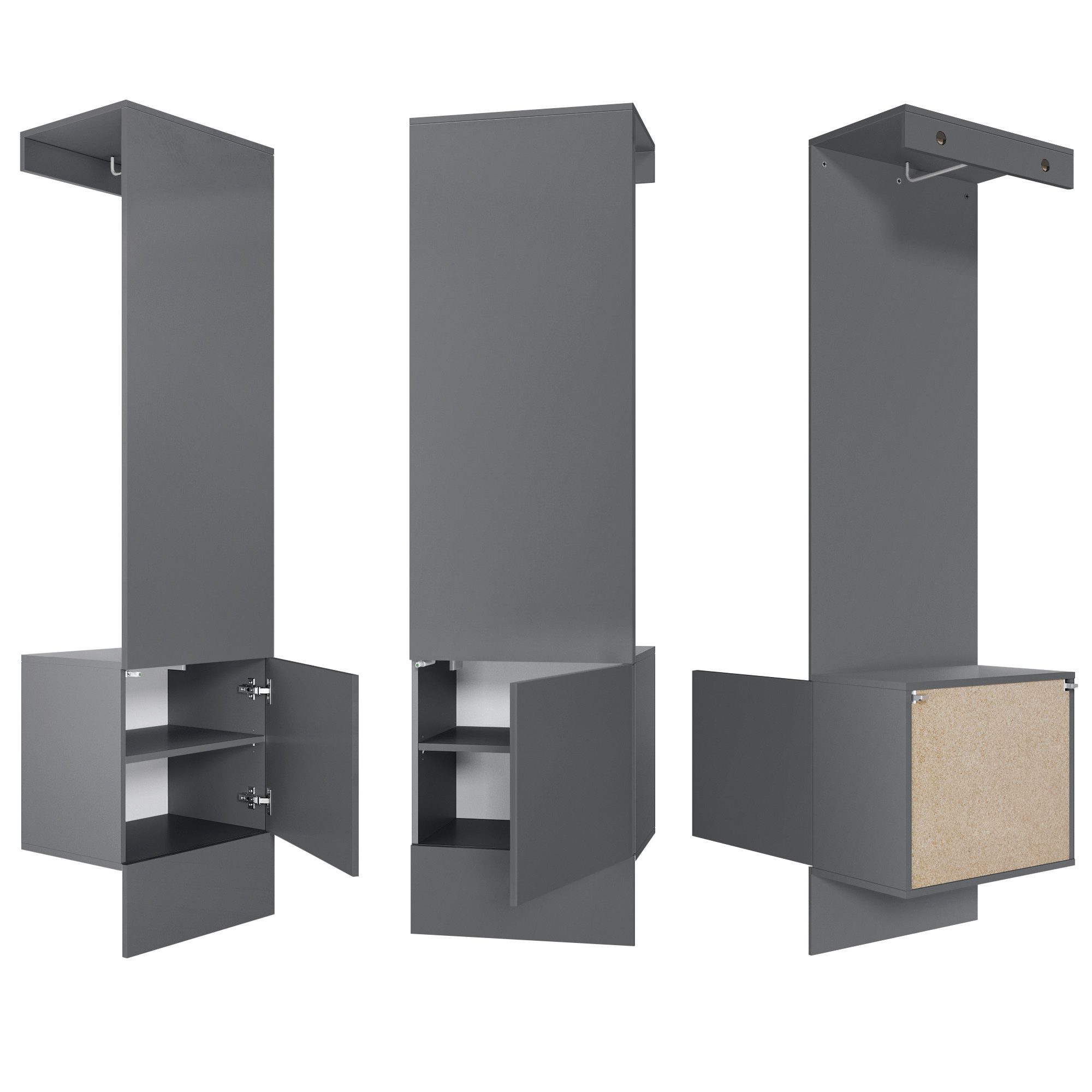 Vladon Garderoben-Set Carlton Neo, (Wandgarderobe aus Flur-Paneel, mit Spiegel, Kleiderstange & Wandschrank), Anthrazit matt (52 x 193 x 35 cm)