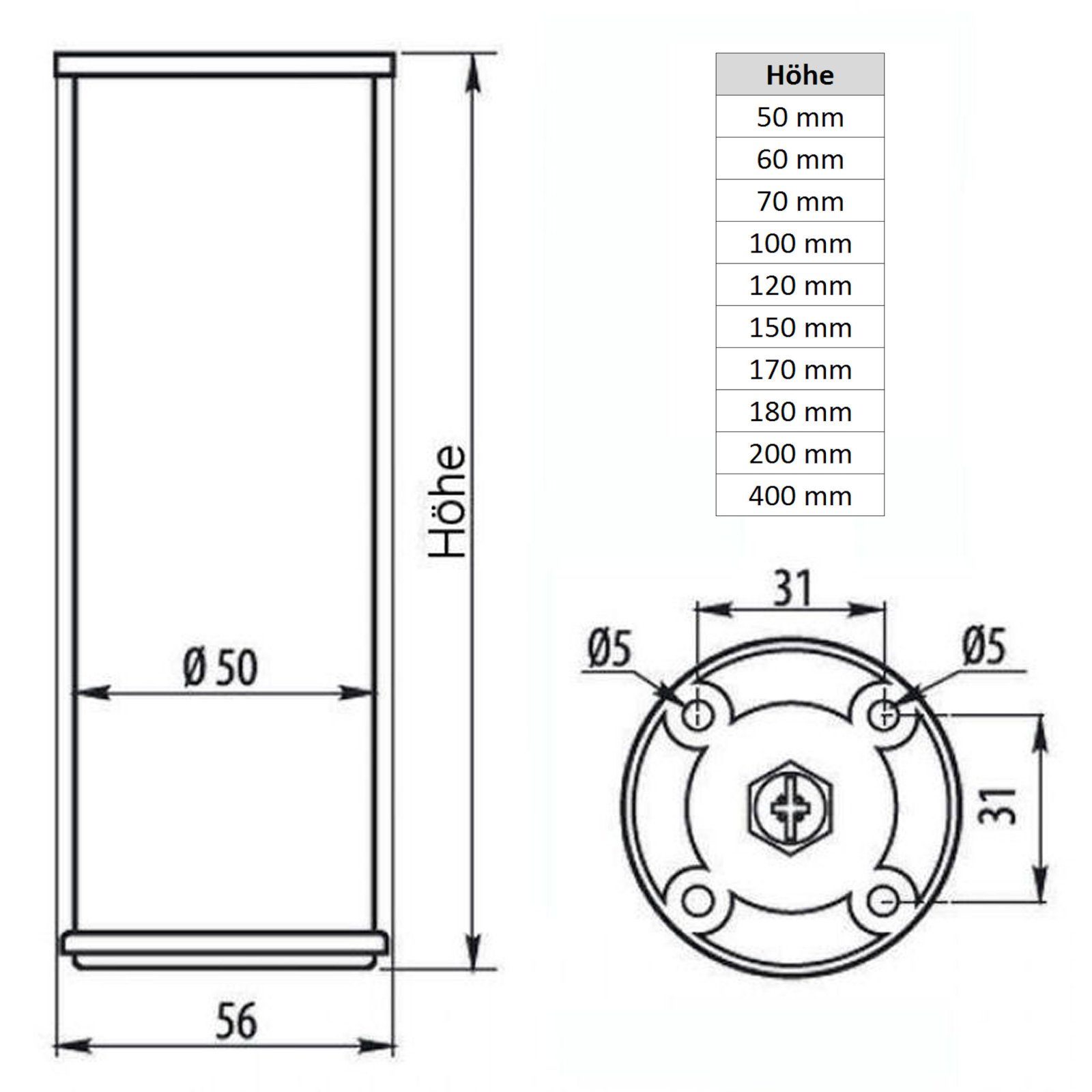 SO-TECH® Möbelfuß 4er Set höhenverstellbar Ø Höhe: mm Tischfuß 50 mm 400