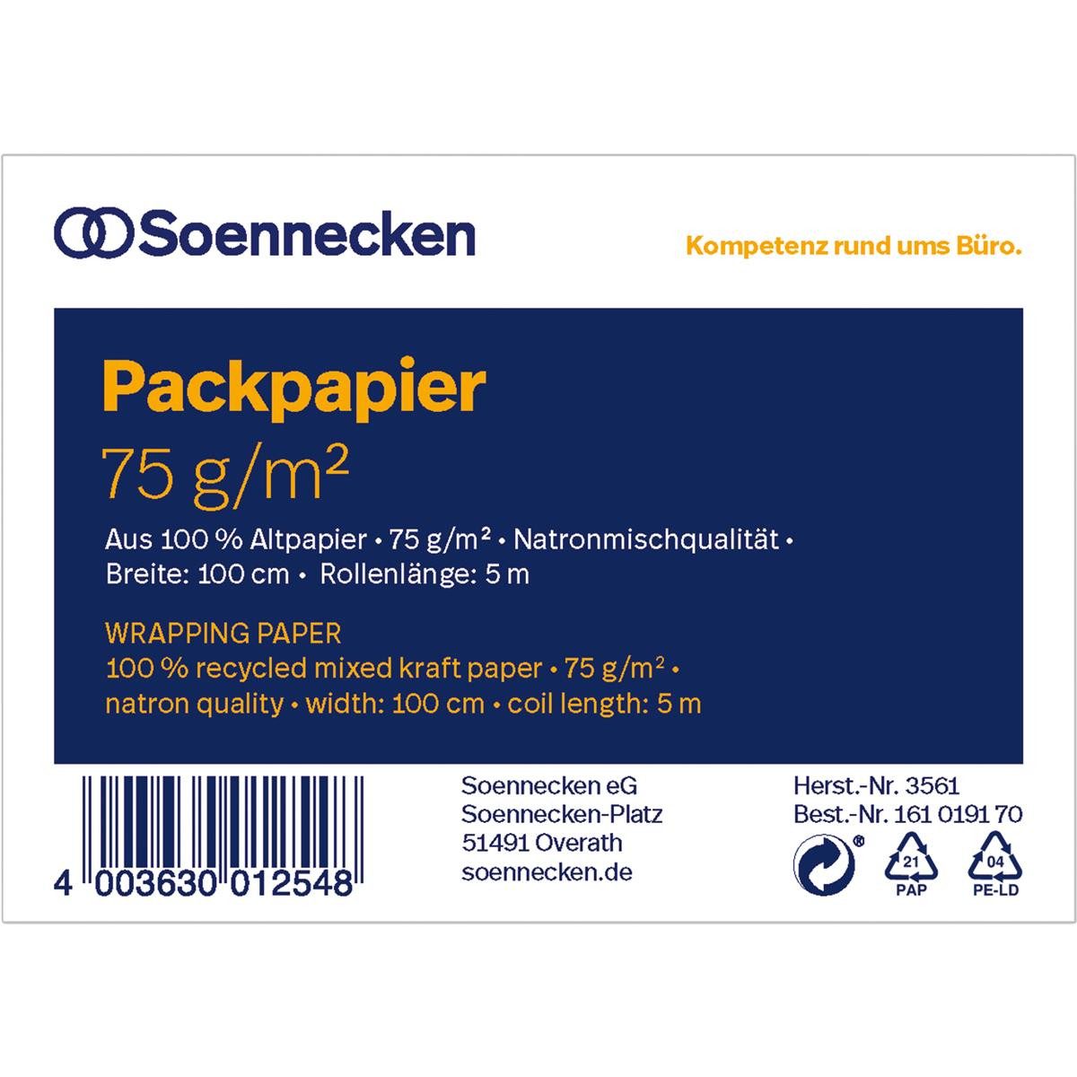 Soennecken Kraftpapier Soennecken Packpapier 3561 100cmx5m Altpapier natronbraun