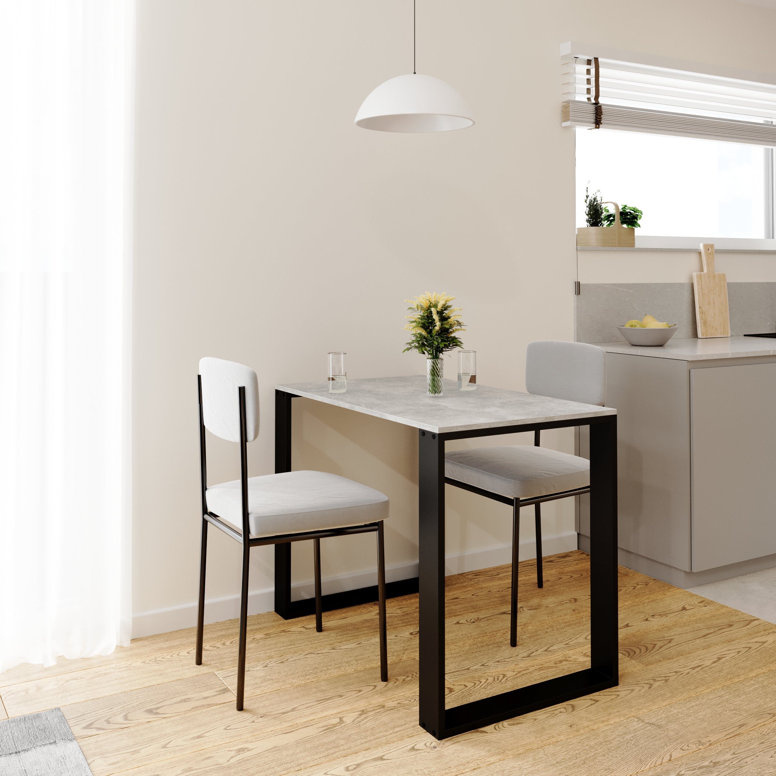 AKKE Esstisch, Esszimmertisch LOFT Schwarze Beinen Küchentisch Bürotisch 2mm-PVC Beton