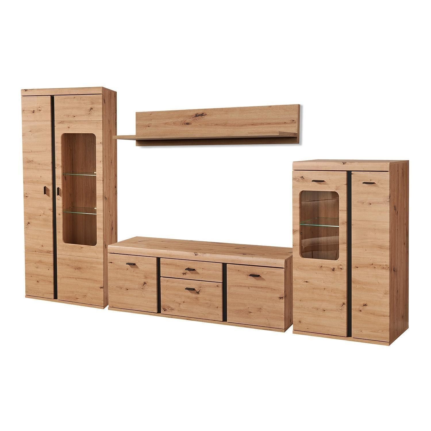 Bega Consult Wohnwand 4-teilig KRETA, Artisan Eiche Dekor, Schwarz, mit LED-Beleuchtung, B 325 x H 200 x T 42 cm