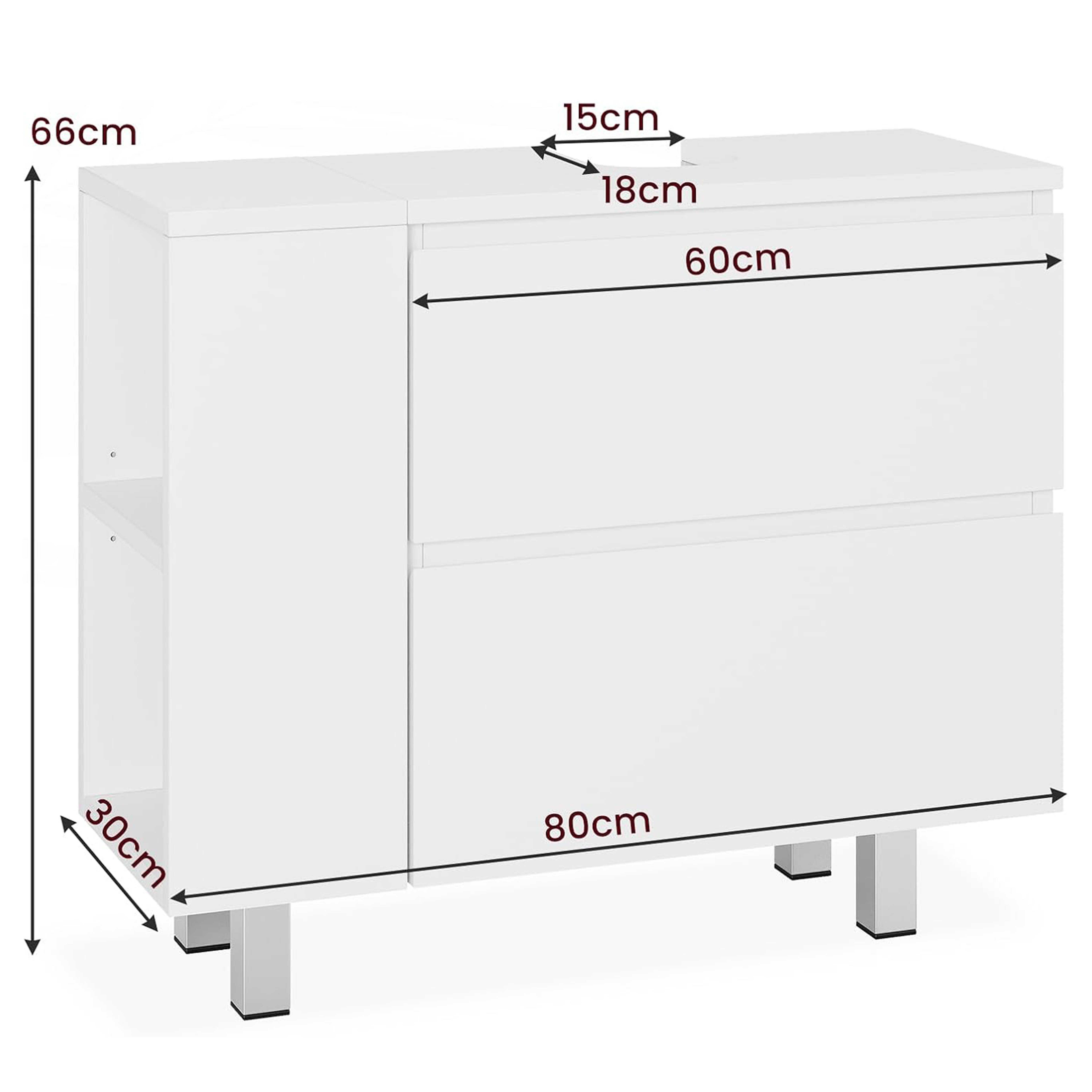 MSMASK Waschbeckenunterschrank Badezimmerschrank mit 2 großen Schubladen,80 x 30 x 66cm (1-St) Transformierbarer Unterschrank, Verstellbare Ablage, Viel Stauraum