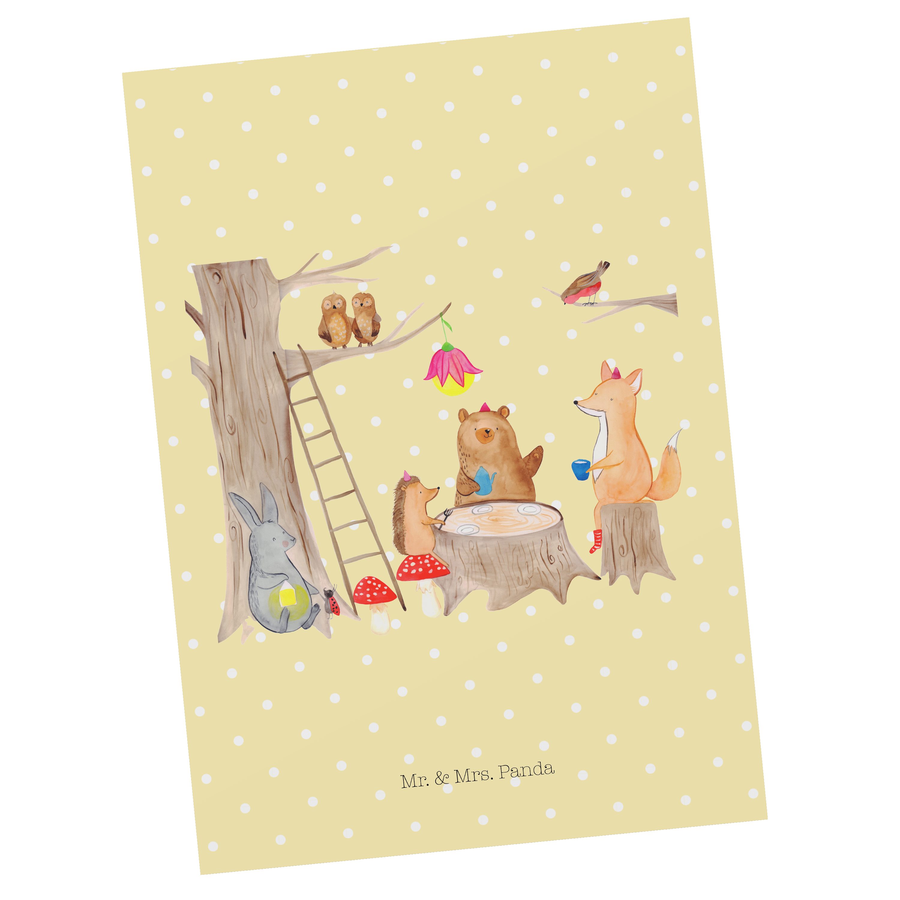 Mr. & Mrs. Panda Postkarte Waldtiere Picknick - Gelb Pastell - Geschenk, Tiermotive, Maus, Danke