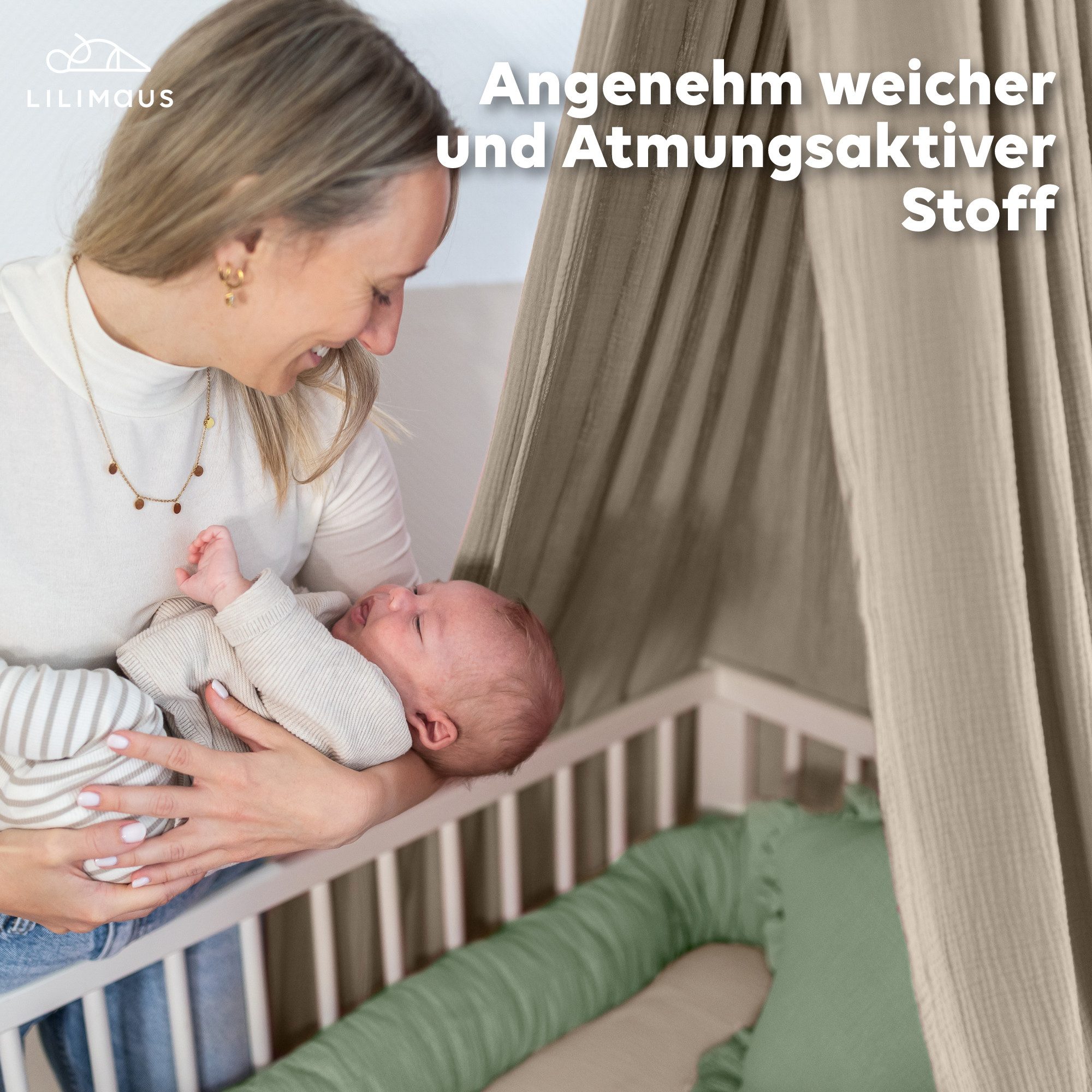 lilimaus Nestchenschlange Bettschlange für Babybett aus Musselin - 200, 300 & 400 cm, (1-tlg), Randschutz & Kuschelrolle mit Befestigungs-Schlaufen - Ø ca. 10-12 cm