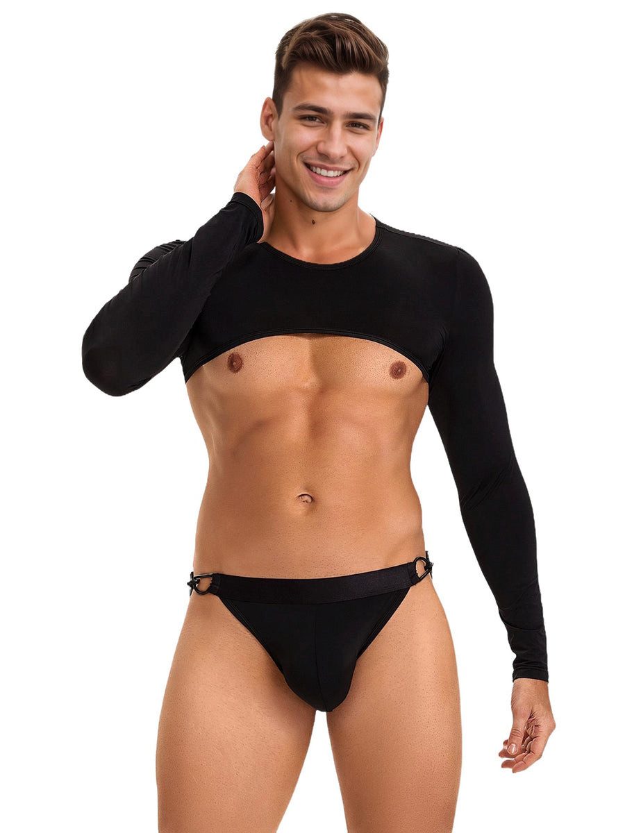 Lau-Fashion Boxershorts Herren Crop Top Langarm mit Jockstrap – Schwarzes Unterwäsche-Set (Set)